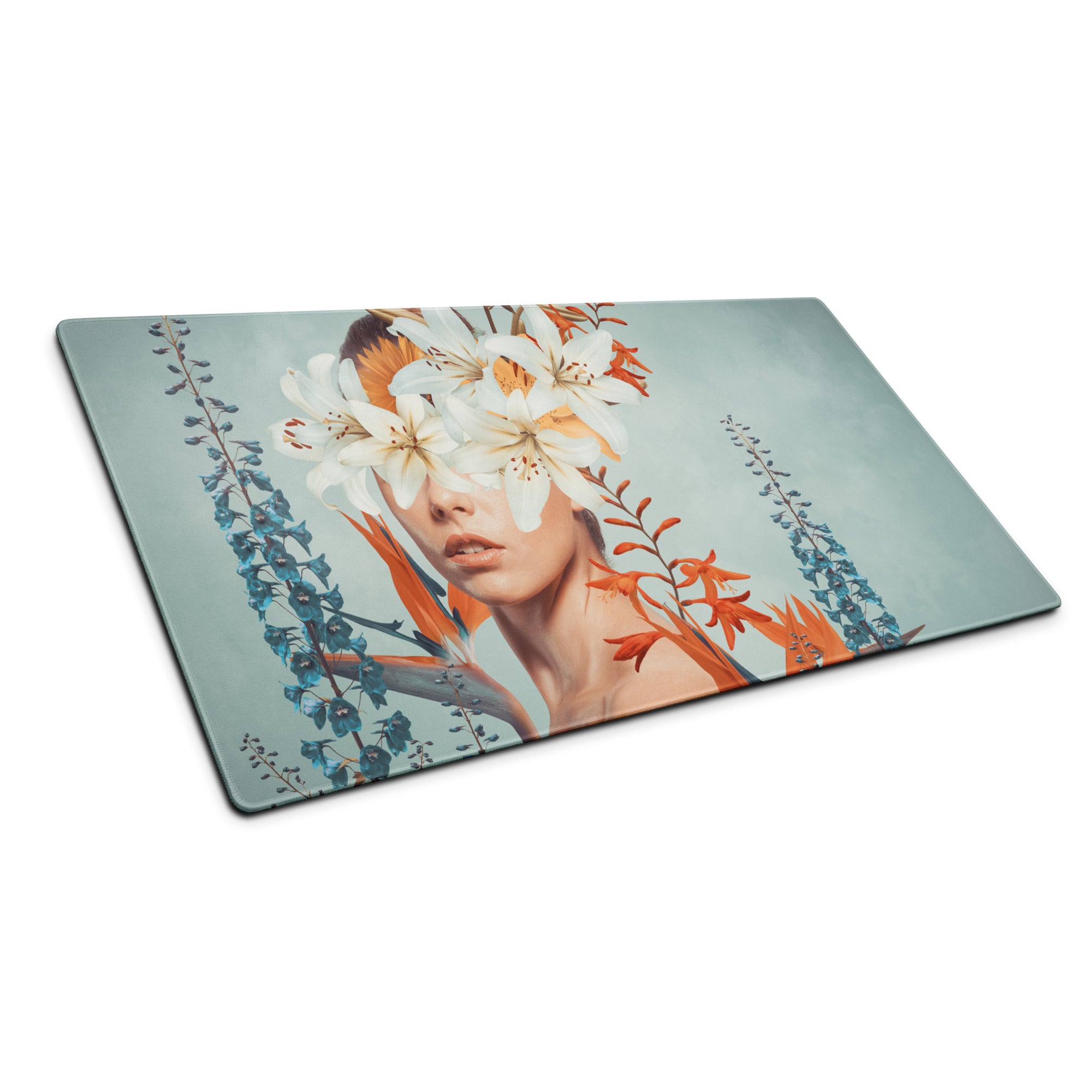 Floral Portrait Mouse Pad Teal Blue And White Orange Flowers Modern Desk Accessory Contemporary Botanical Art Print