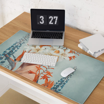 Floral Portrait Mouse Pad Teal Blue And White Orange Flowers Modern Desk Accessory Contemporary Botanical Art Print