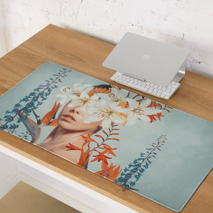 Floral Portrait Mouse Pad Teal Blue And White Orange Flowers Modern Desk Accessory Contemporary Botanical Art Print