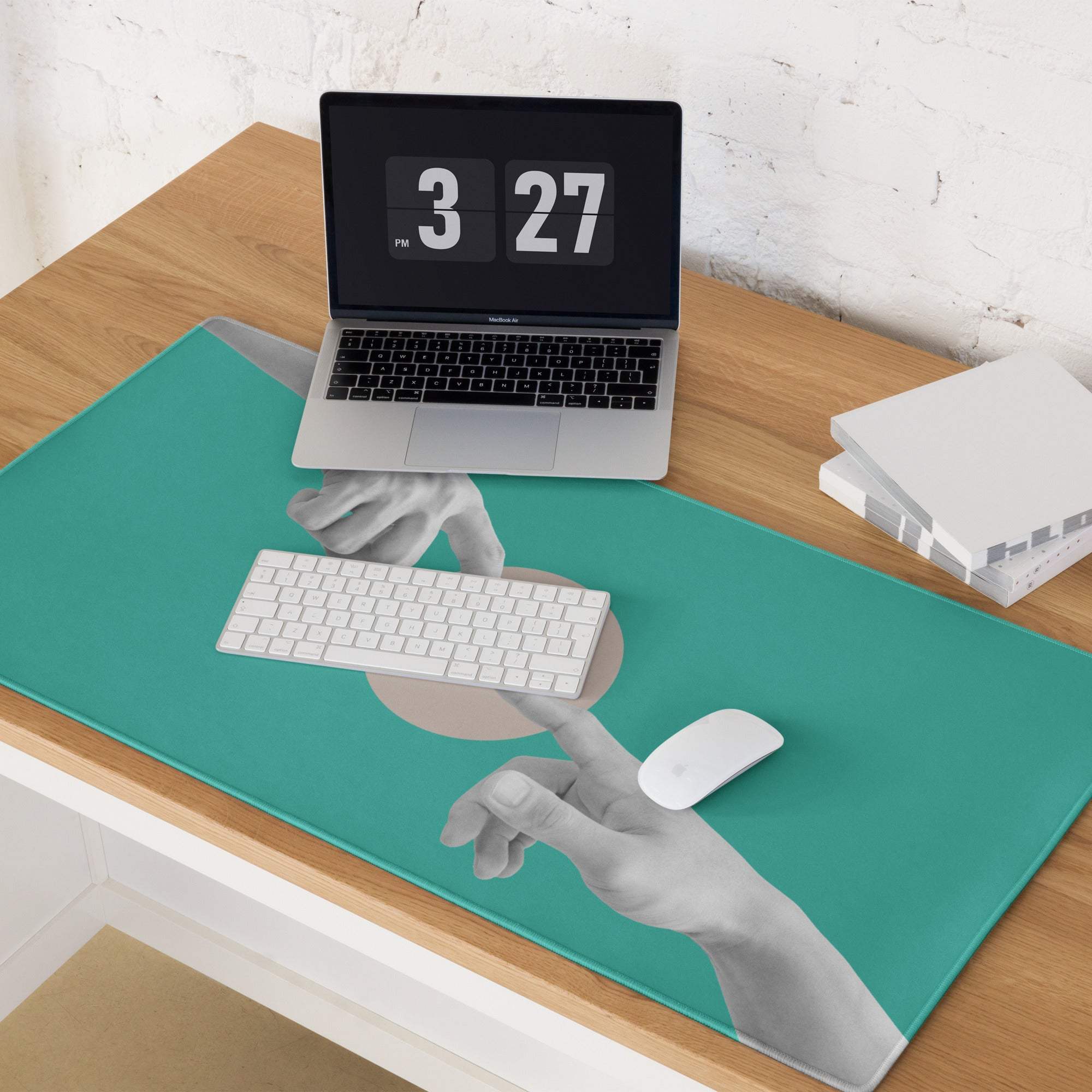 Teal hands art mouse pad featuring grayscale hands illustration on desk mat for modern office and gaming use