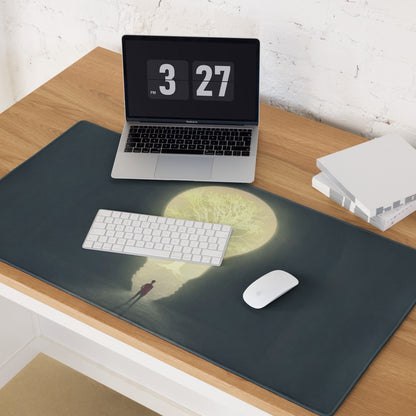 Moonlit Tree Silhouette Mouse Pad Dark Blue And Pale Yellow For Desk Setup Contemporary Surreal Art Dreamy