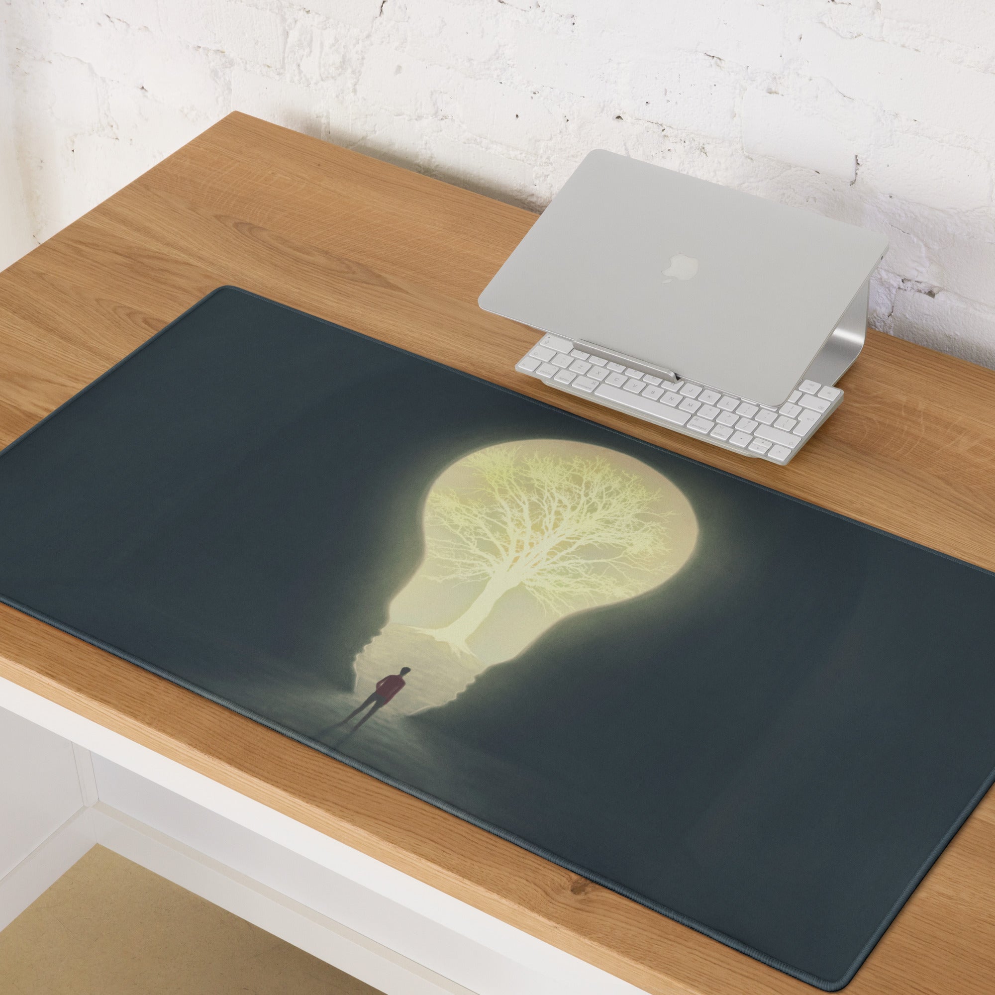 Moonlit Tree Silhouette Mouse Pad Dark Blue And Pale Yellow For Desk Setup Contemporary Surreal Art Dreamy