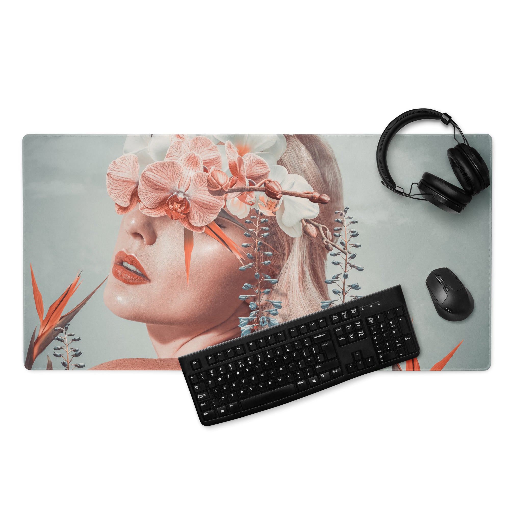 Floral Portrait Mouse Pad Soft Pink And Blue For Modern Home Office Desk Contemporary Art Print