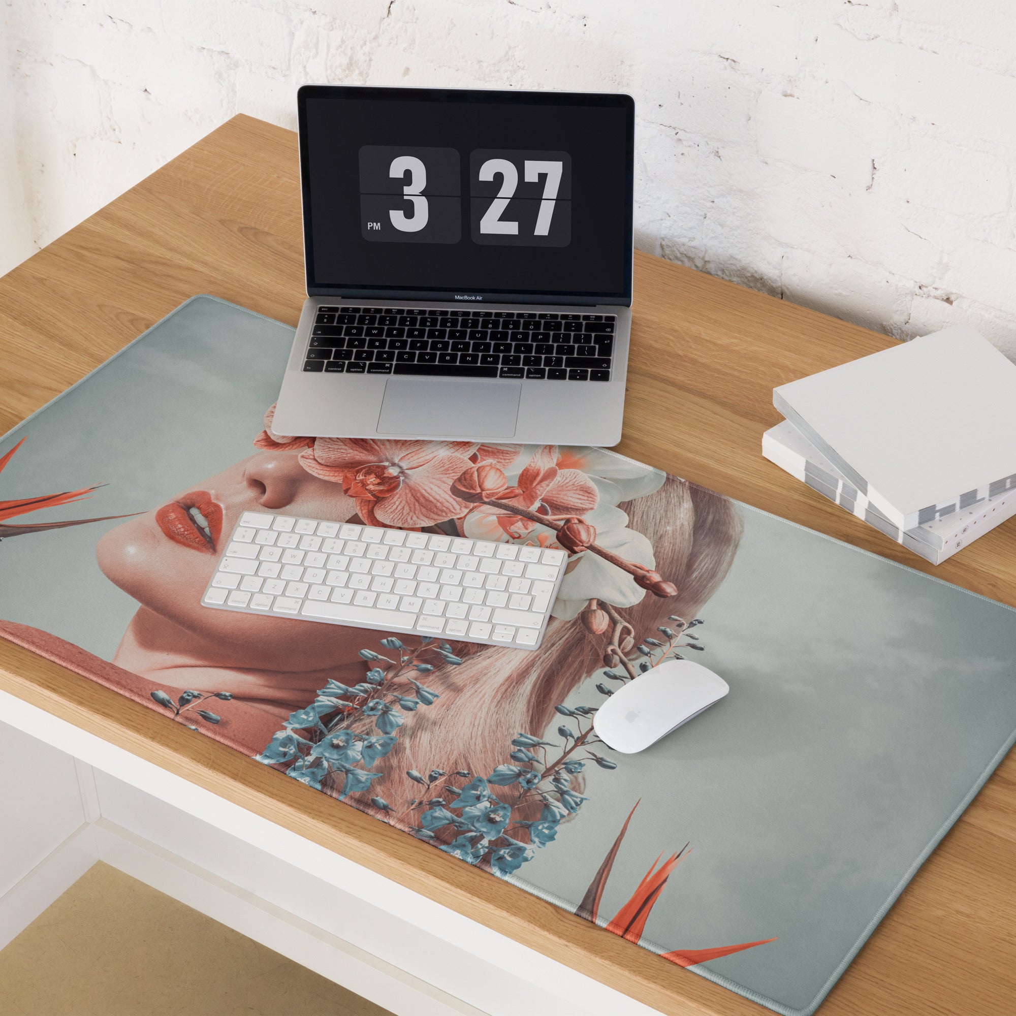 Floral Portrait Mouse Pad Soft Pink And Blue For Modern Home Office Desk Contemporary Art Print