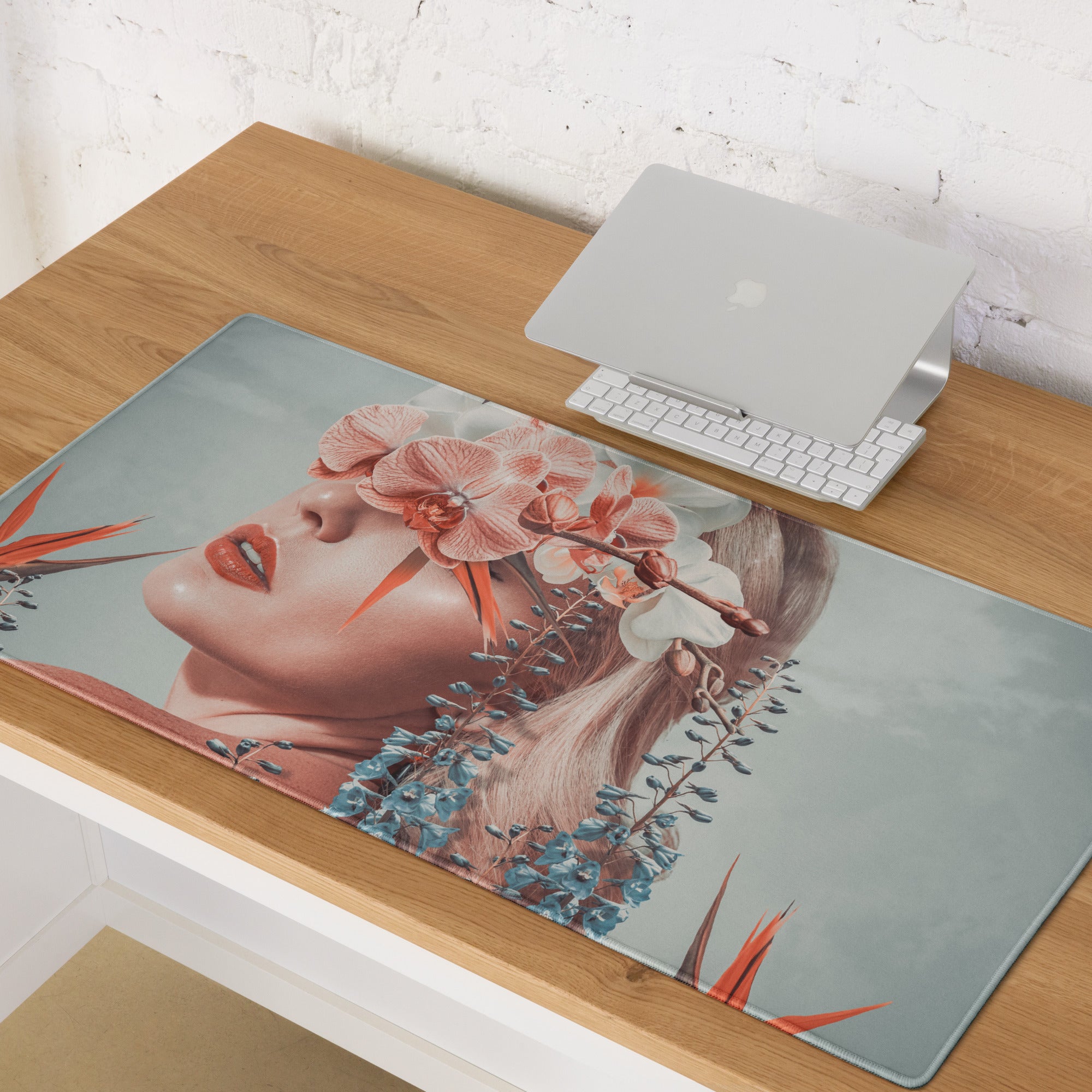 Floral Portrait Mouse Pad Soft Pink And Blue For Modern Home Office Desk Contemporary Art Print