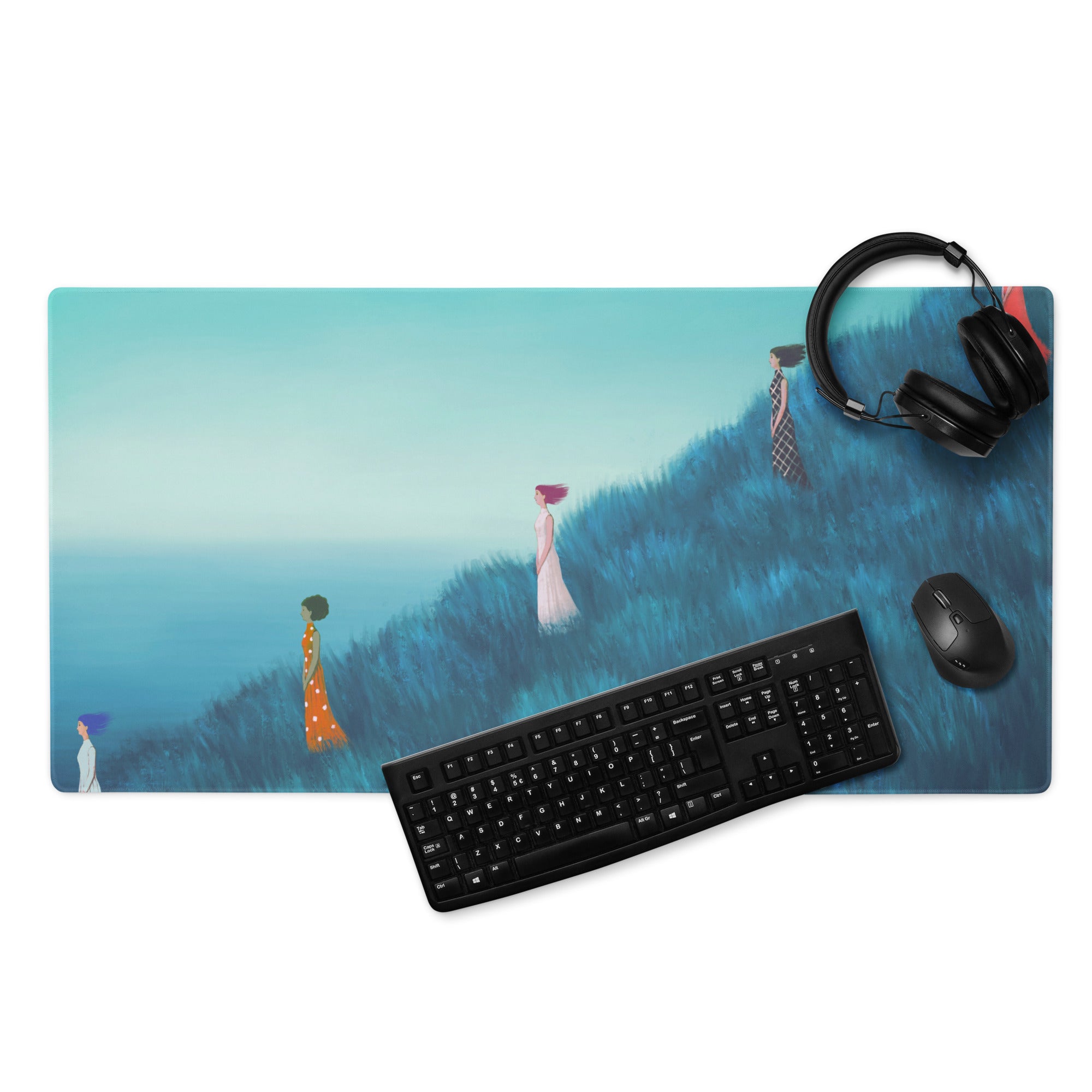 Teal Gradient Contemporary Mouse Pad With Hilltop Figures Modern Art Desk Pad For Home Office 36x18 Inches
