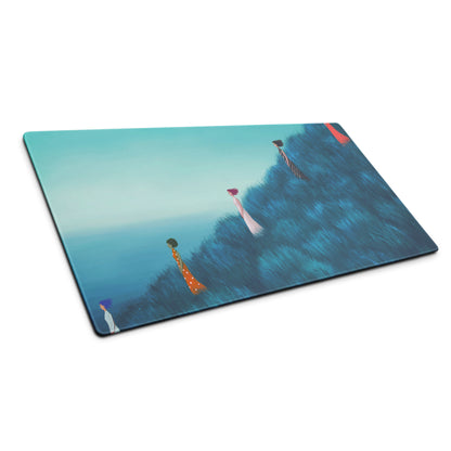 Teal Gradient Contemporary Mouse Pad With Hilltop Figures Modern Art Desk Pad For Home Office 36x18 Inches
