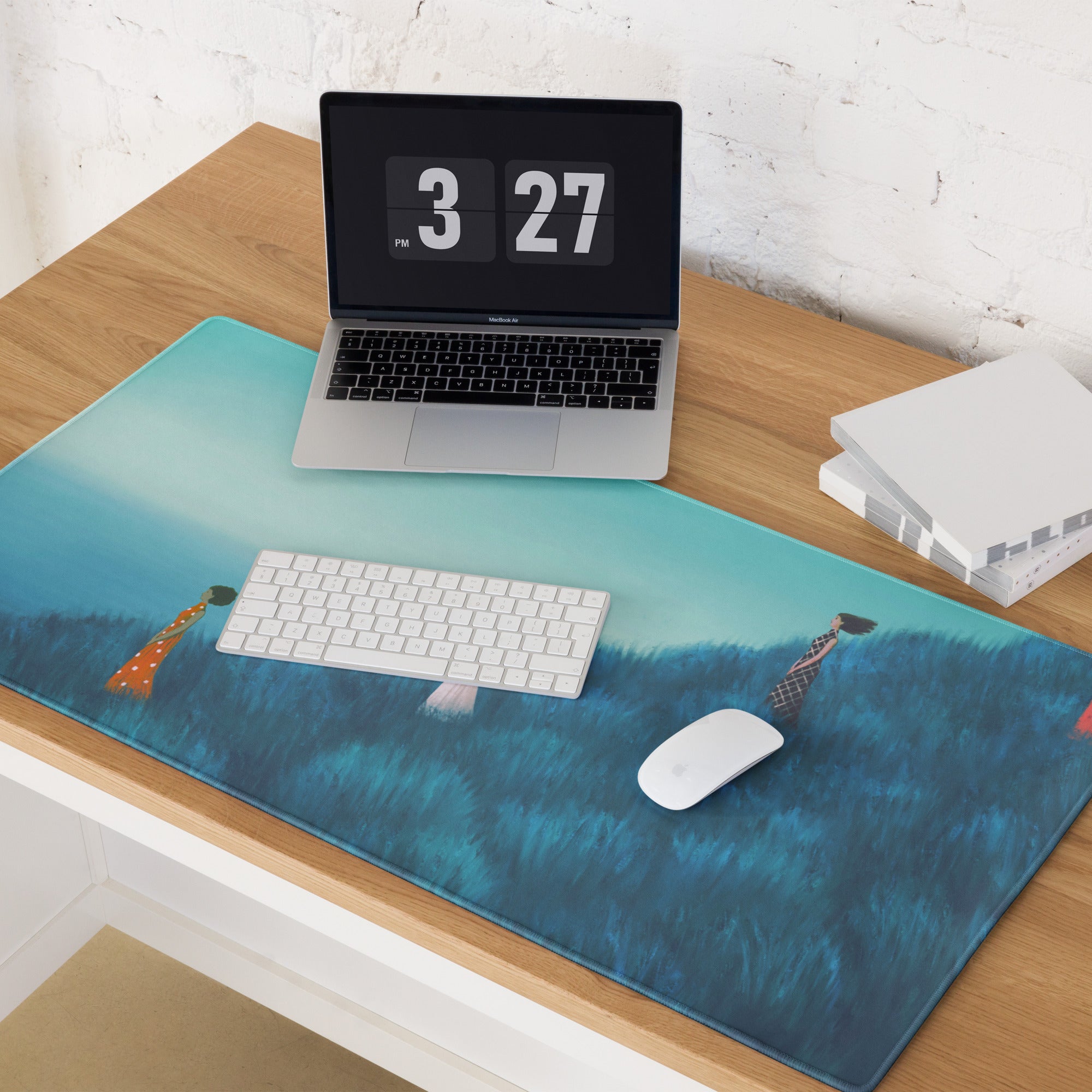 Teal Gradient Contemporary Mouse Pad With Hilltop Figures Modern Art Desk Pad For Home Office 36x18 Inches
