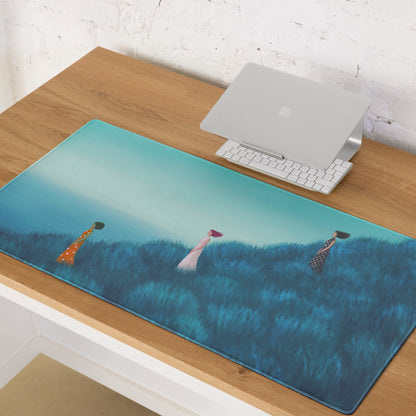 Teal Gradient Contemporary Mouse Pad With Hilltop Figures Modern Art Desk Pad For Home Office 36x18 Inches