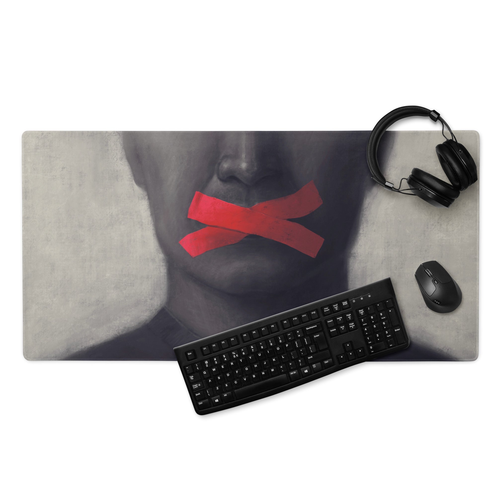 Gaming Gray Black Red Tape Art Mouse Pad For Modern Desk Setup, Contemporary Industrial Style 36x18