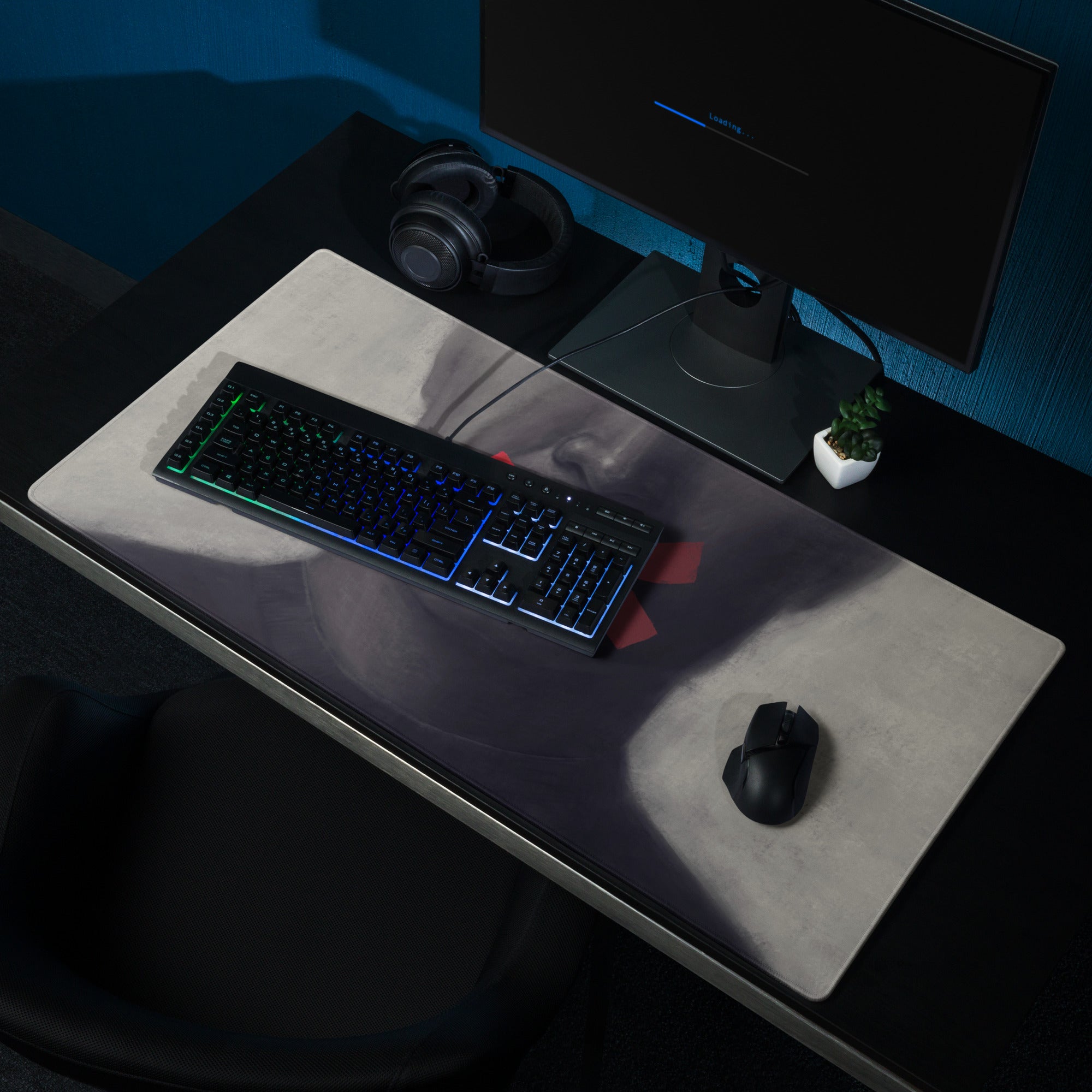 Gaming Gray Black Red Tape Art Mouse Pad For Modern Desk Setup, Contemporary Industrial Style 36x18