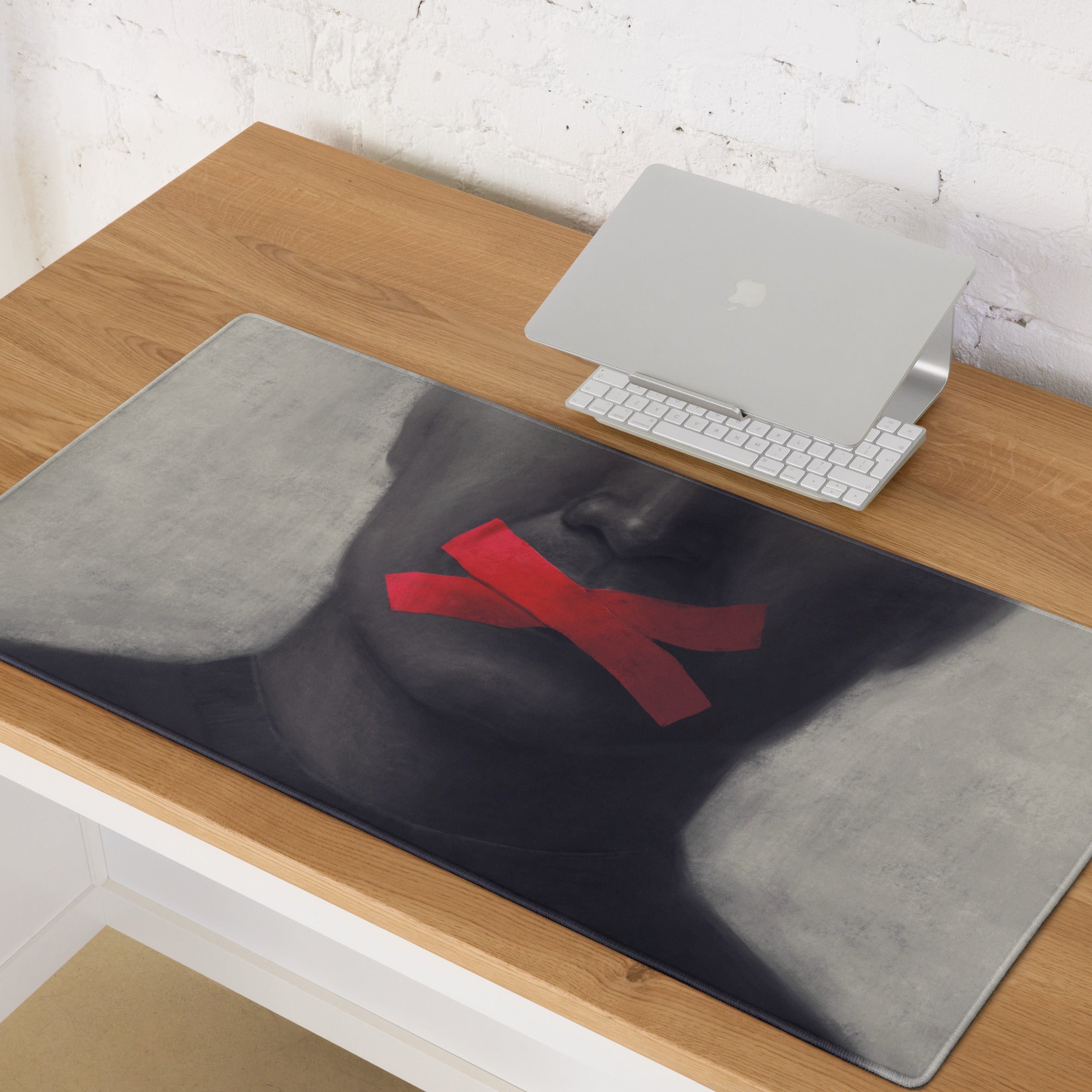 Gaming Gray Black Red Tape Art Mouse Pad For Modern Desk Setup, Contemporary Industrial Style 36x18