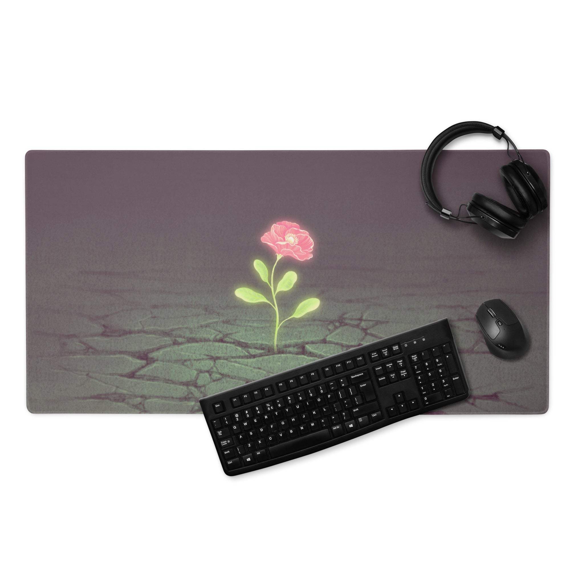 Floral Rose Mouse Pad Dark Gradient With Pink Accent 36x18 Modern Contemporary Desk Mat For Home Office