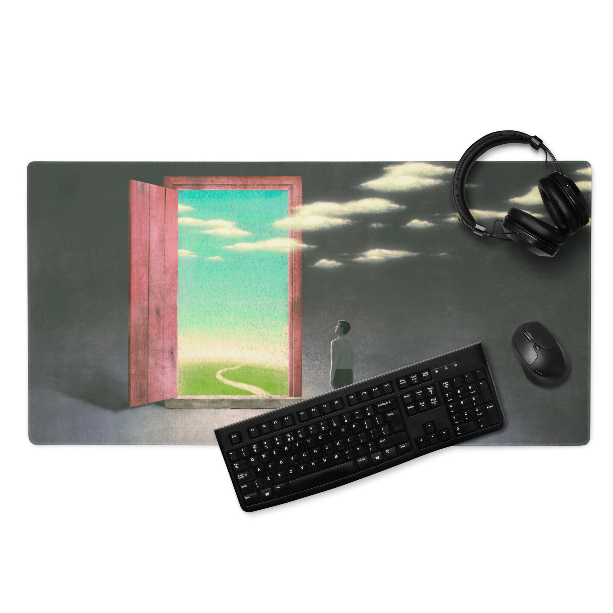 Surreal Pink Door Portal Mouse Pad 36x18 Inch For Modern Office Desk Decor Contemporary Art Style