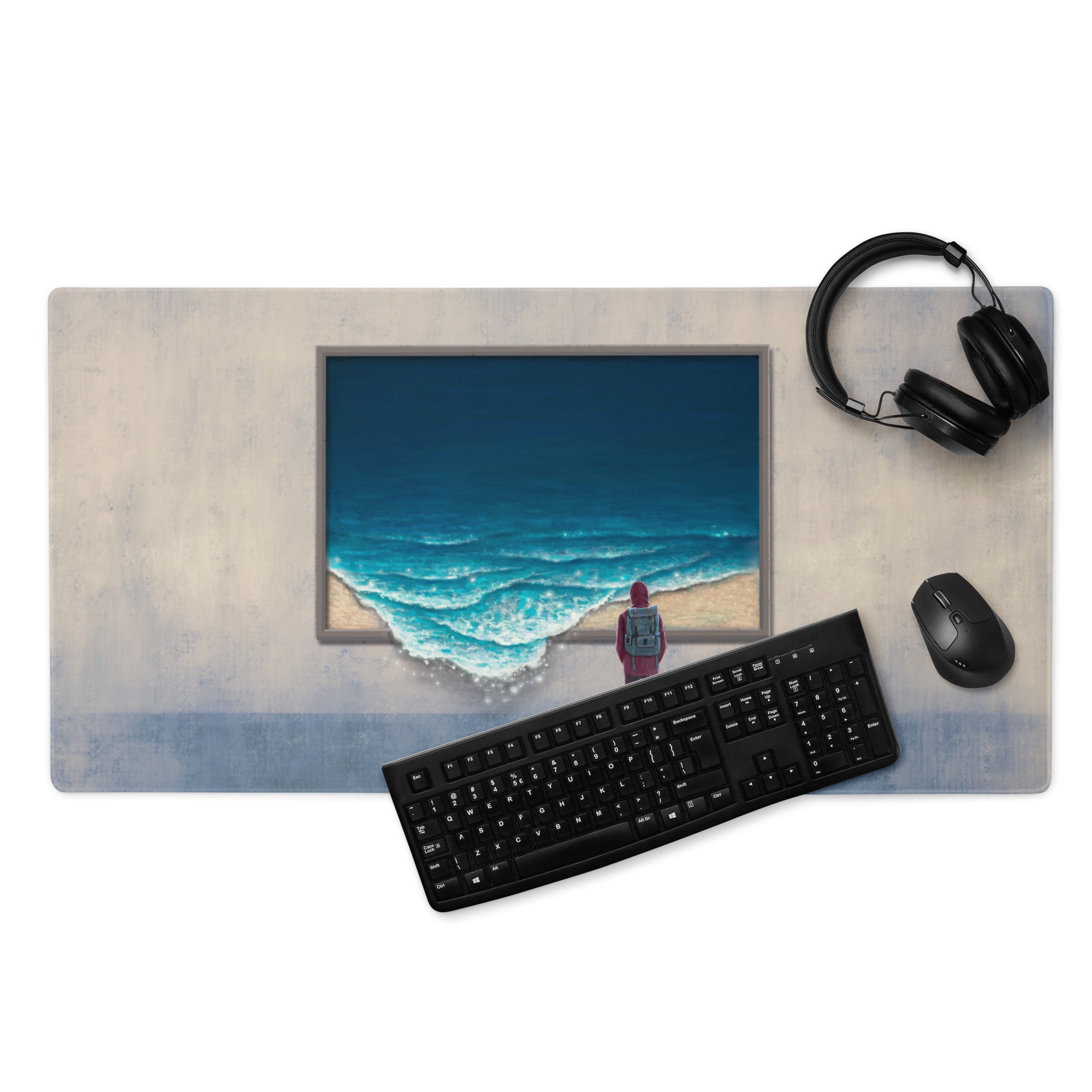 Beach Scene Mouse Pad Beige Blue Ocean Desk Pad For Modern Workspace Contemporary Style Calm Mood Minimalist Decor