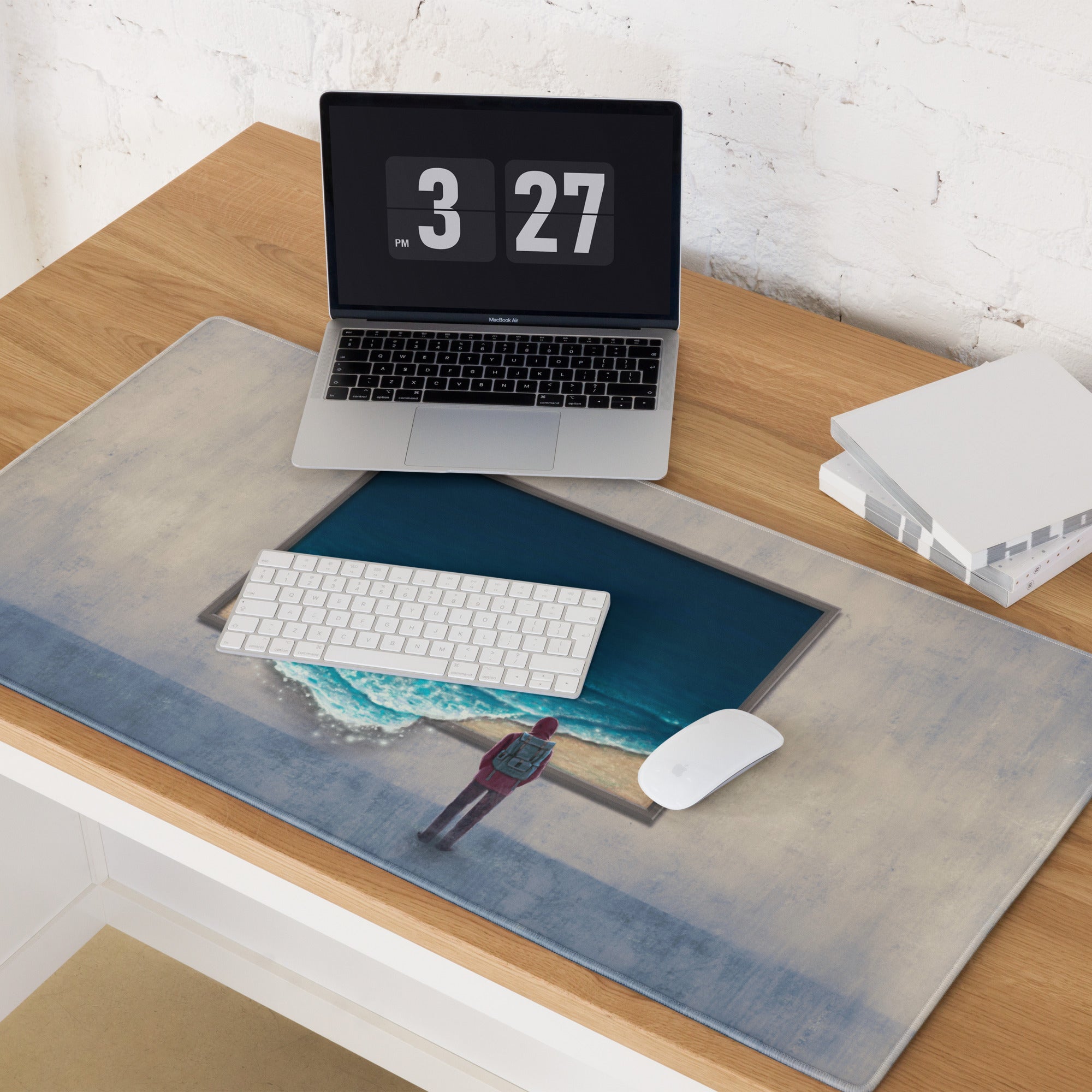 Beach Scene Mouse Pad Beige Blue Ocean Desk Pad For Modern Workspace Contemporary Style Calm Mood Minimalist Decor