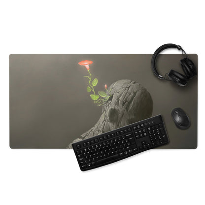 Rock Flower Desk Mouse Pad Charcoal Gray With Red Bloom For Modern Office, Contemporary Art Print Large 36x18