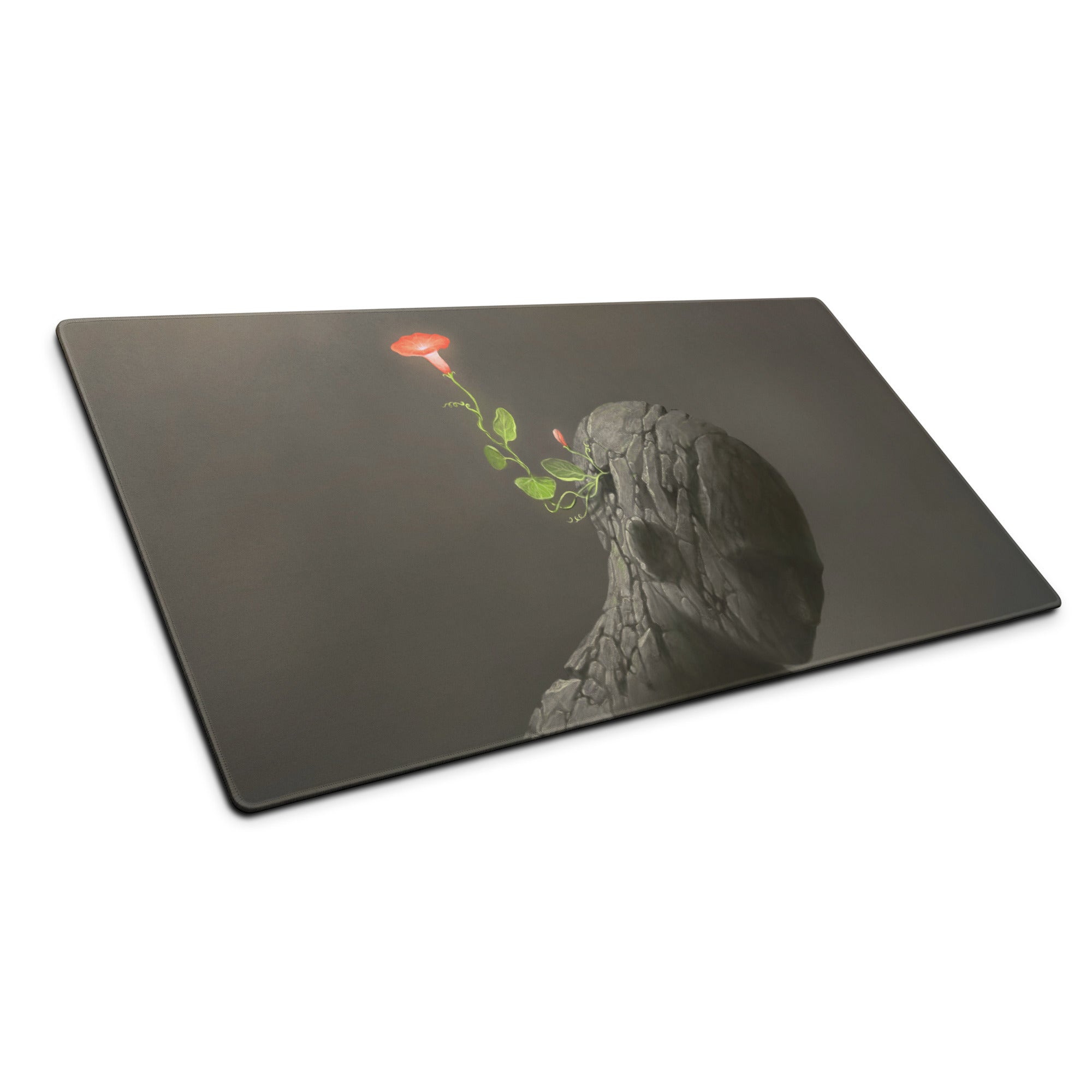 Rock Flower Desk Mouse Pad Charcoal Gray With Red Bloom For Modern Office, Contemporary Art Print Large 36x18