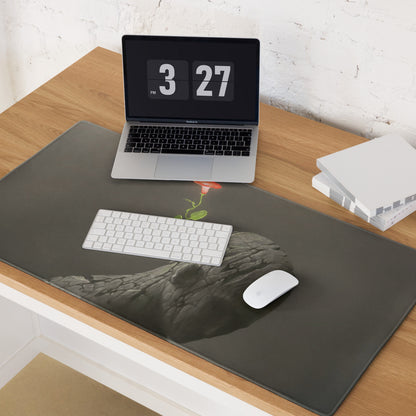 Rock Flower Desk Mouse Pad Charcoal Gray With Red Bloom For Modern Office, Contemporary Art Print Large 36x18