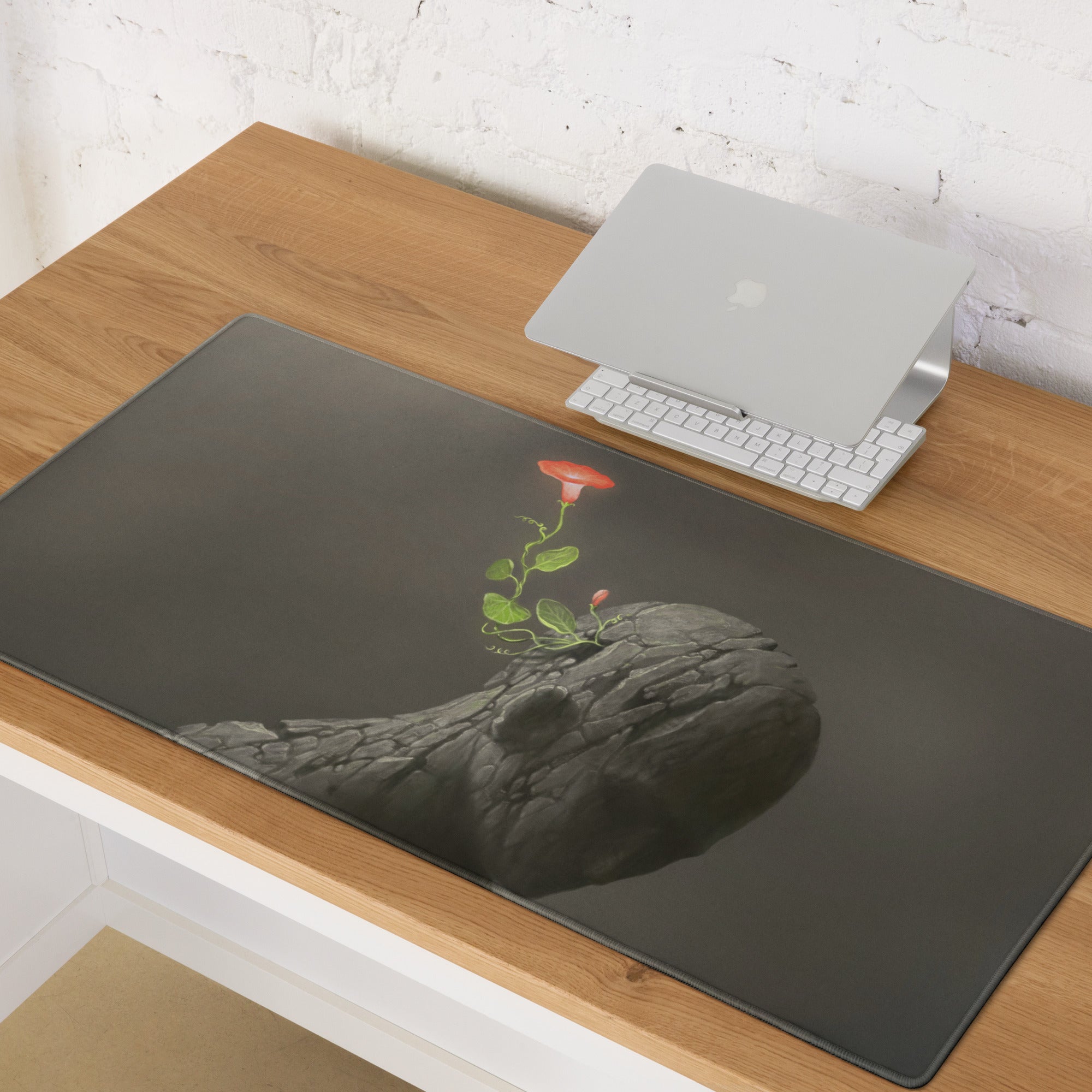 Rock Flower Desk Mouse Pad Charcoal Gray With Red Bloom For Modern Office, Contemporary Art Print Large 36x18