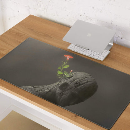 Rock Flower Desk Mouse Pad Charcoal Gray With Red Bloom For Modern Office, Contemporary Art Print Large 36x18