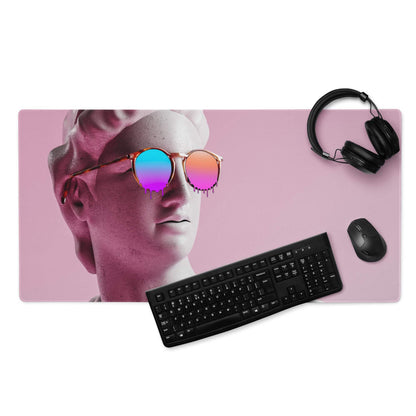 Statue Head Pink Pop Art Gaming Mouse Pad 36x18 Inch Desk Mat Or 18x16 Inch With Colorful Reflective Sunglasses