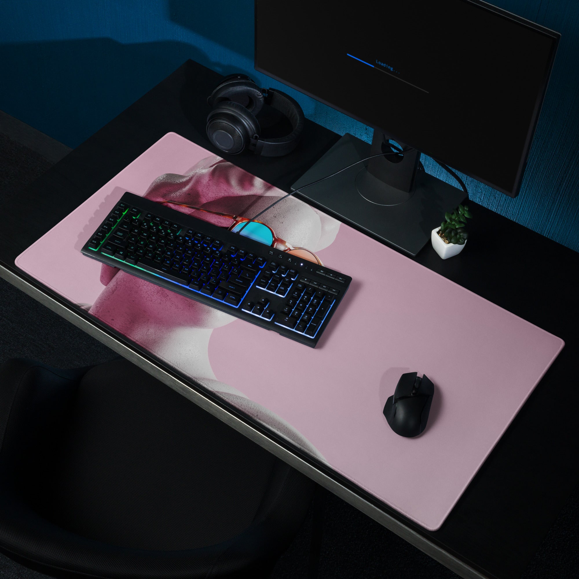 Statue Head Pink Pop Art Gaming Mouse Pad 36x18 Inch Desk Mat Or 18x16 Inch With Colorful Reflective Sunglasses
