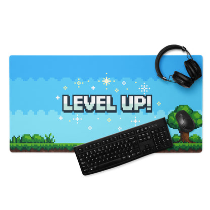 Gaming Mouse Pad Blue Pixel Art For Desk Setup Retro Arcade Style Level Up Theme Non Slip Surface Large