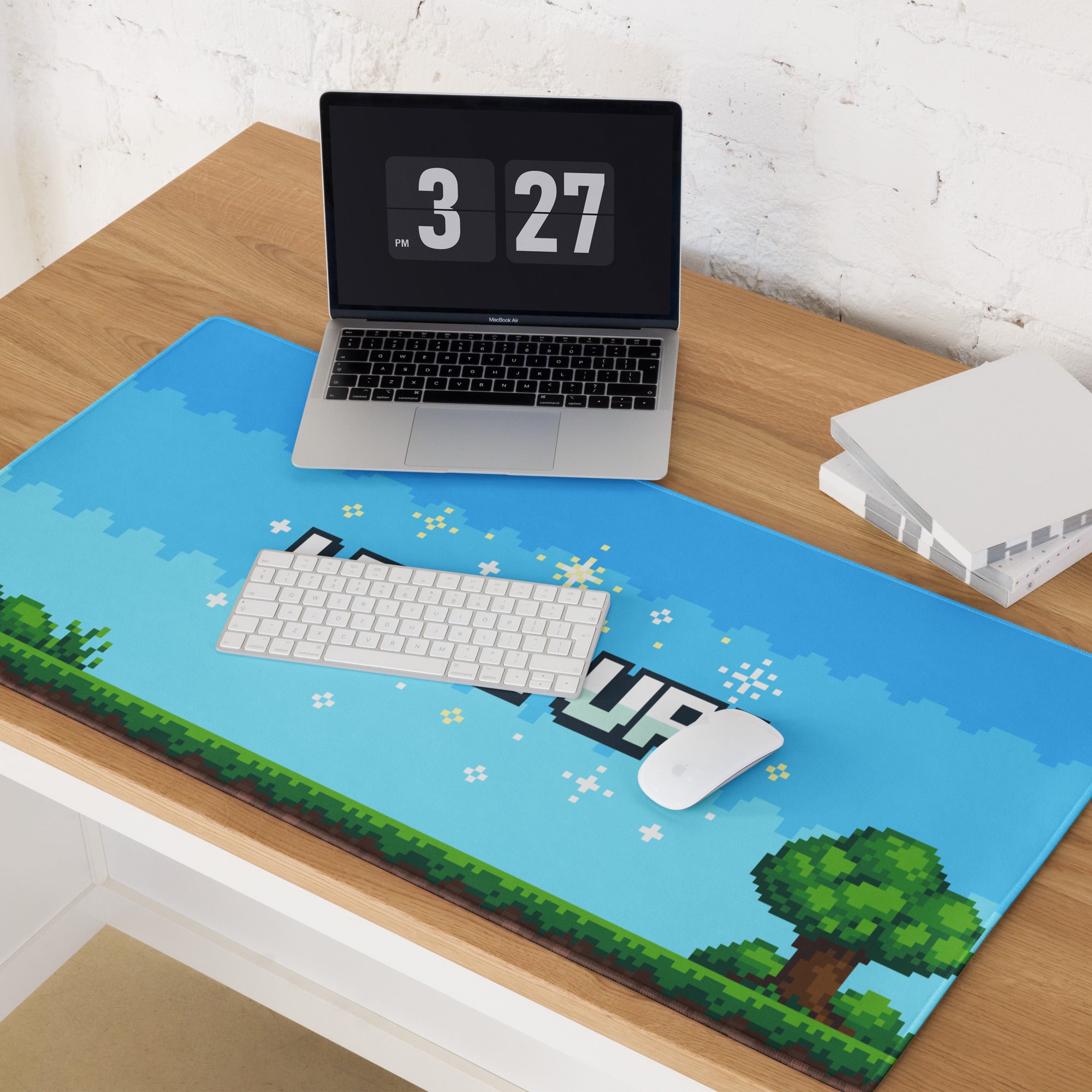 Gaming Mouse Pad Blue Pixel Art For Desk Setup Retro Arcade Style Level Up Theme Non Slip Surface Large