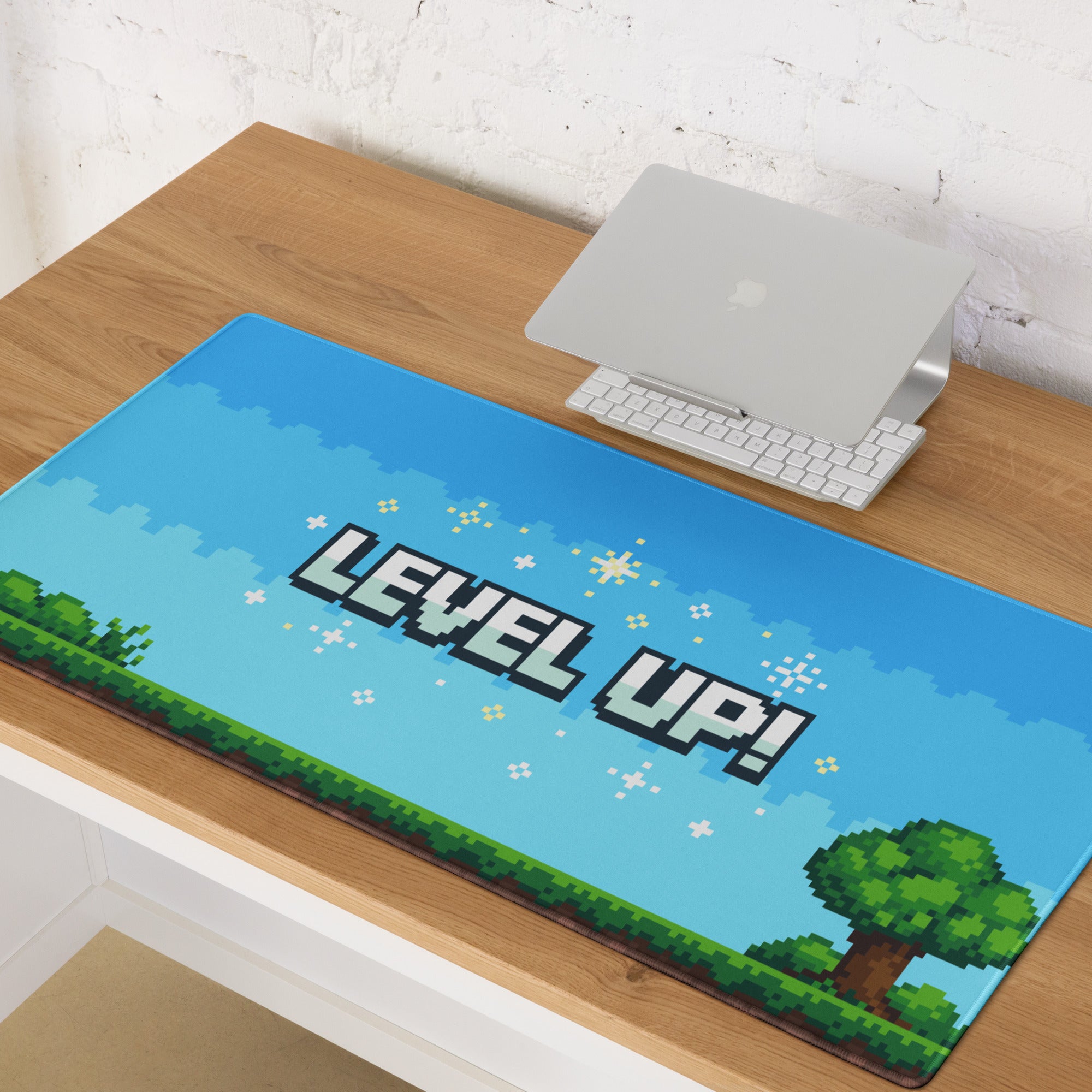 Gaming Mouse Pad Blue Pixel Art For Desk Setup Retro Arcade Style Level Up Theme Non Slip Surface Large