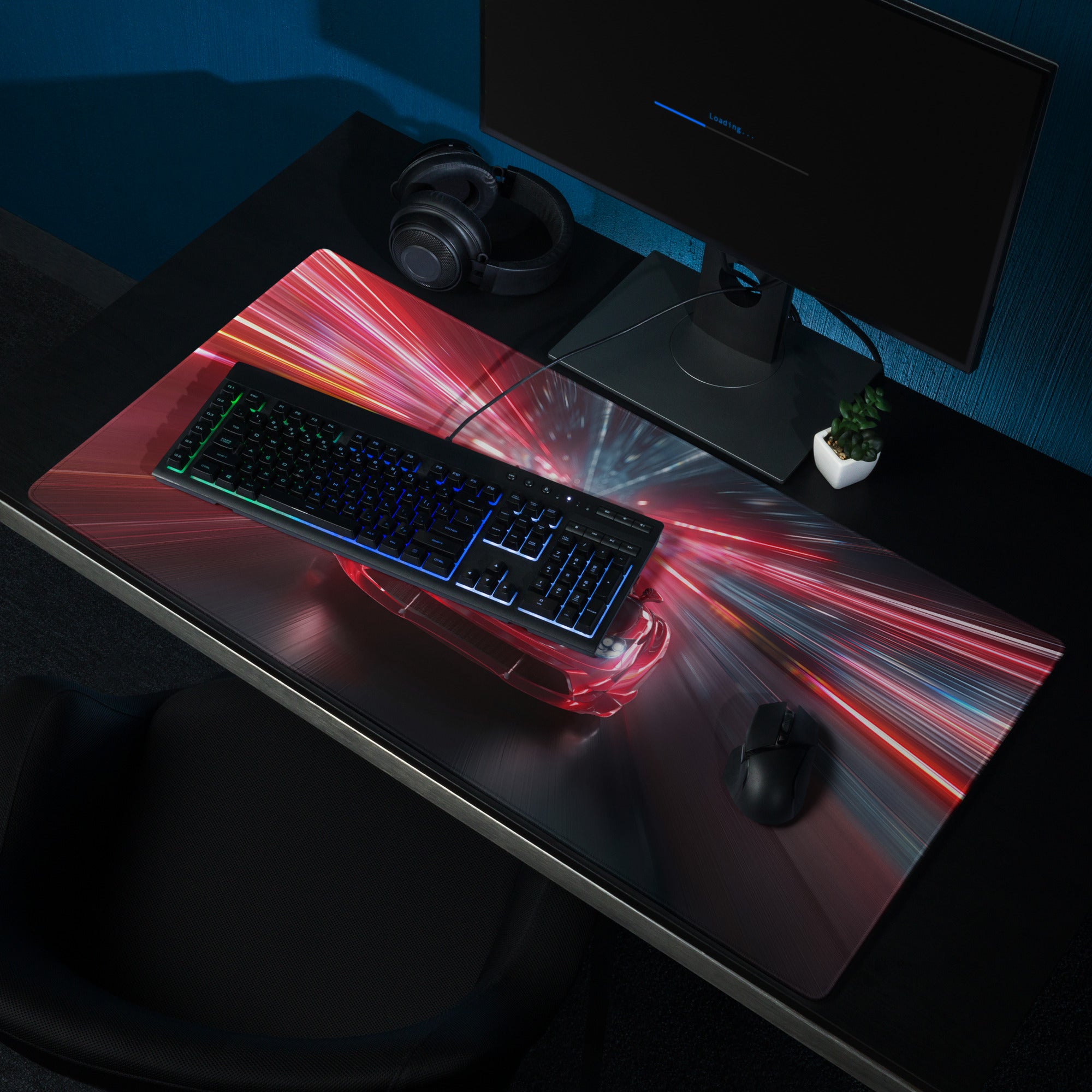 Red And Blue Neon Racing Car Gaming Mouse Pad For Desk Setup Large Non Slip Edge Stitch
