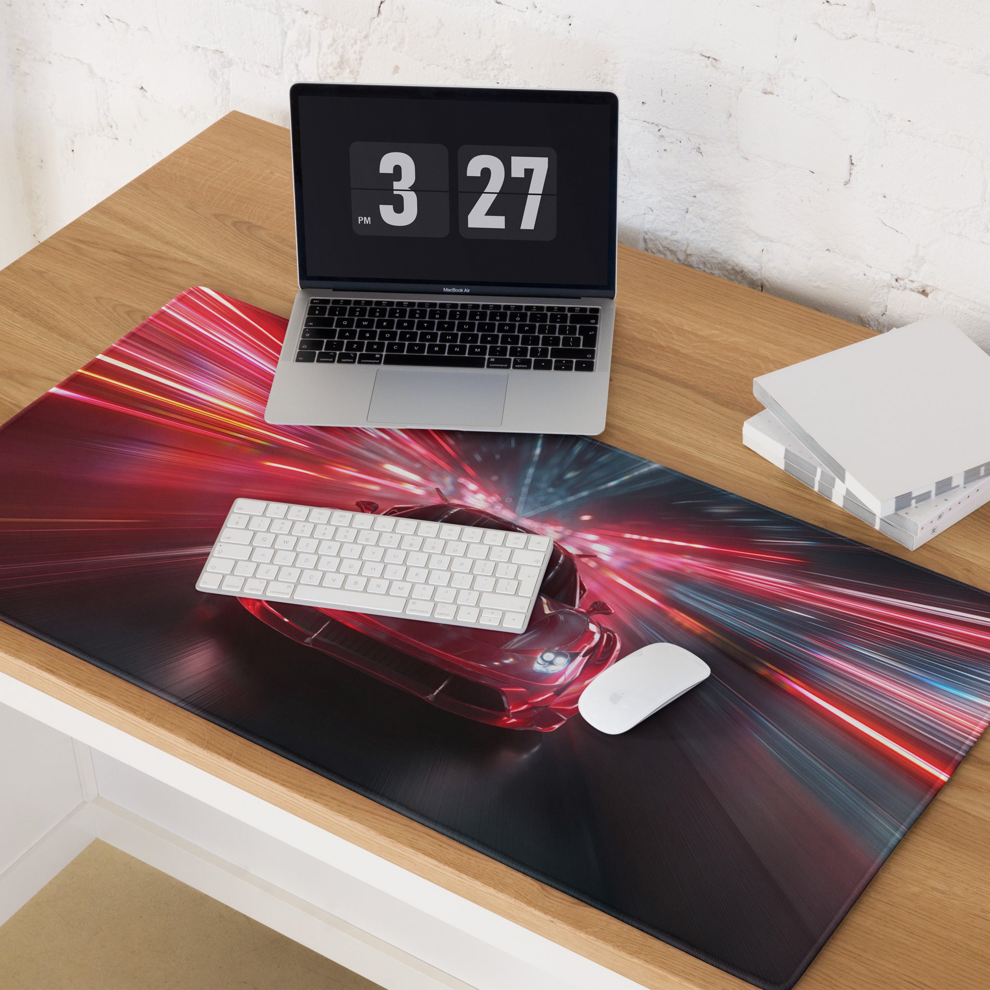 Red And Blue Neon Racing Car Gaming Mouse Pad For Desk Setup Large Non Slip Edge Stitch