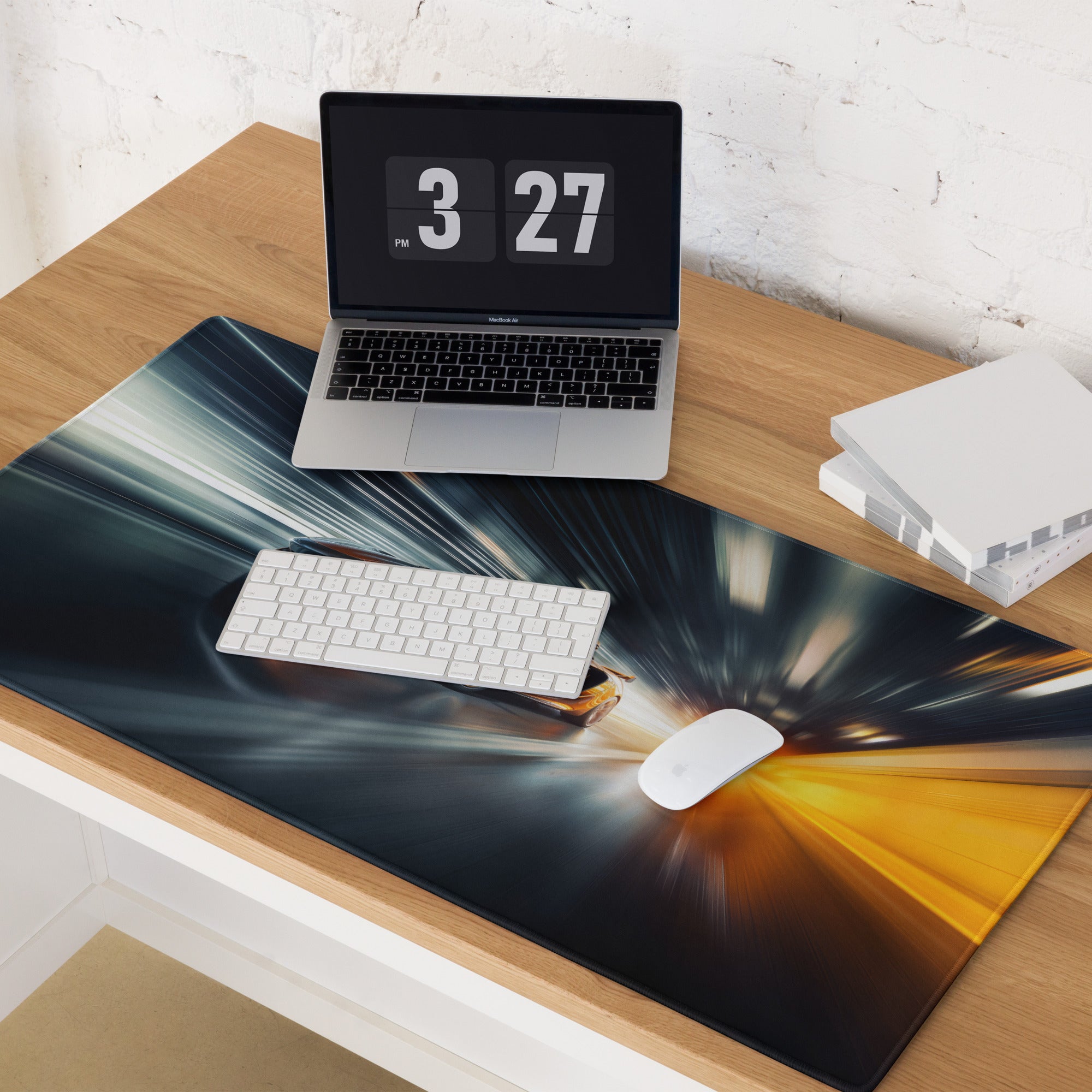Gamer Mouse Pad Orange Blue Black For Gaming Desk Setup In Futuristic Digital Art Style Dynamic Motion Blur