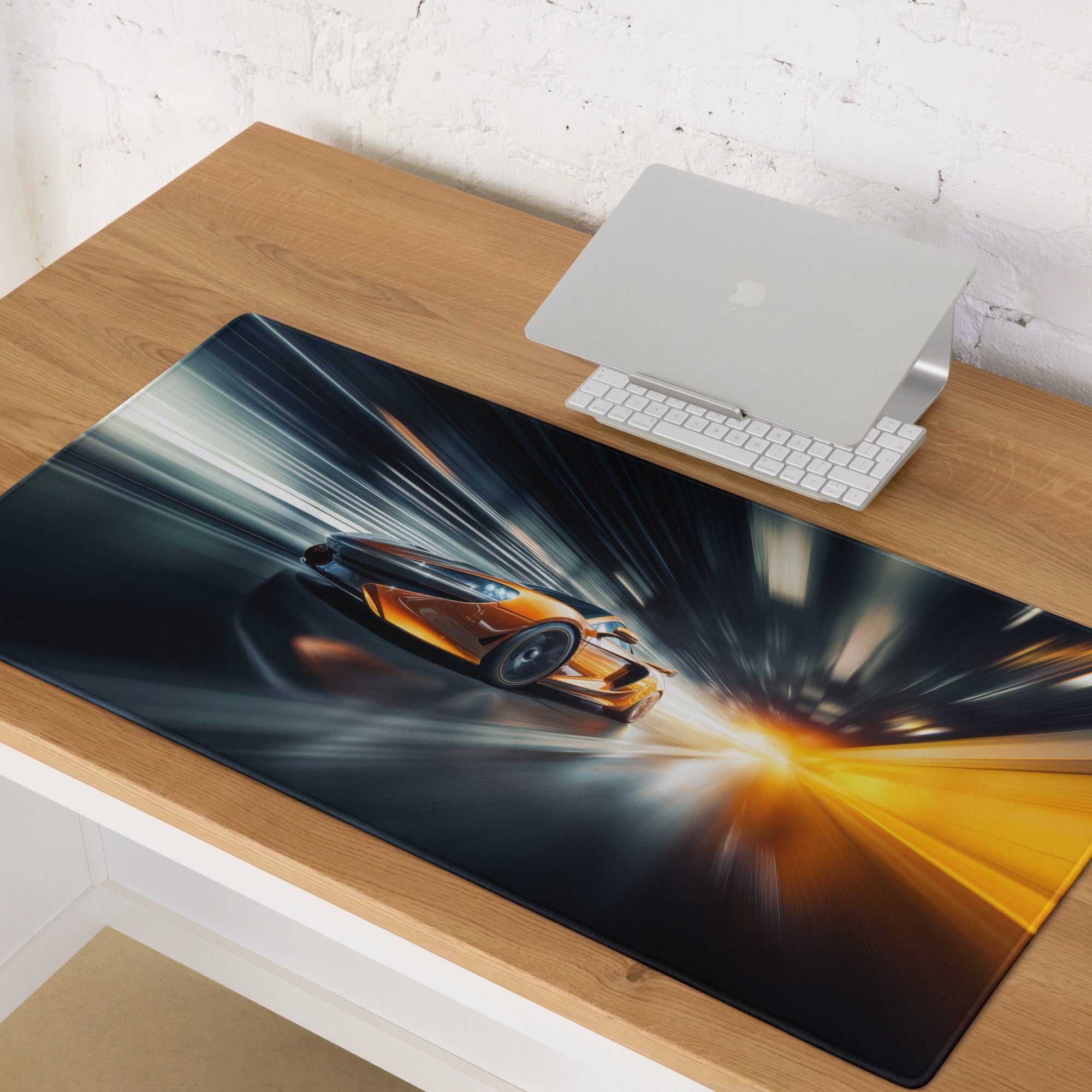 Gamer Mouse Pad Orange Blue Black For Gaming Desk Setup In Futuristic Digital Art Style Dynamic Motion Blur