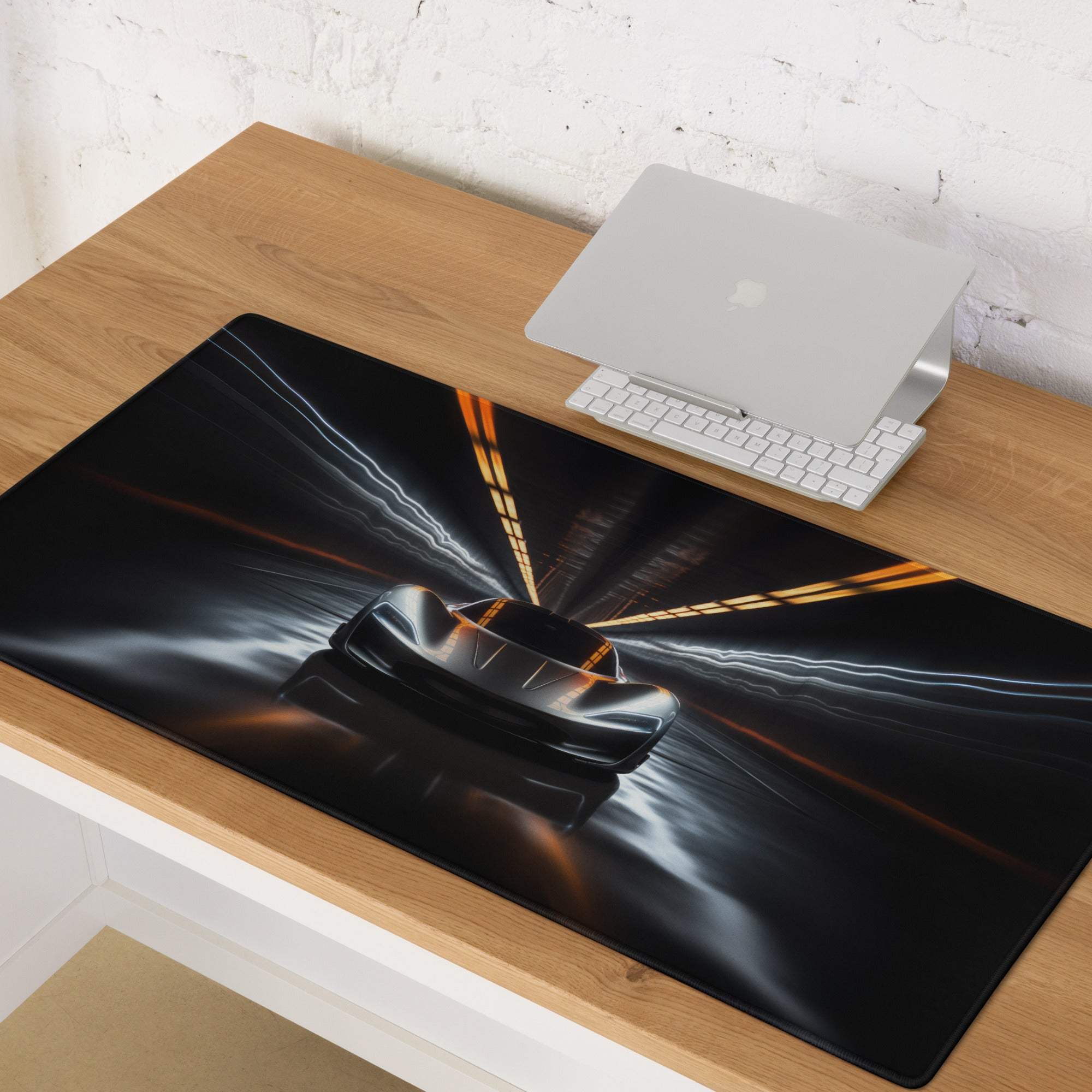 Neon Velocity Racer mouse pad black racing car theme with glossy finish and dynamic neon light streaks for gaming desk