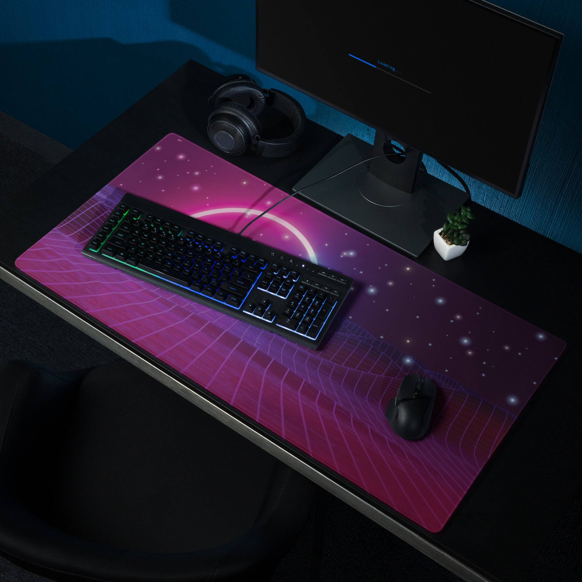 Gaming Mouse Pad Purple Pink Blue Neon Futuristic Desk Setup Immersive Neon Cyberpunk Style Digital Art