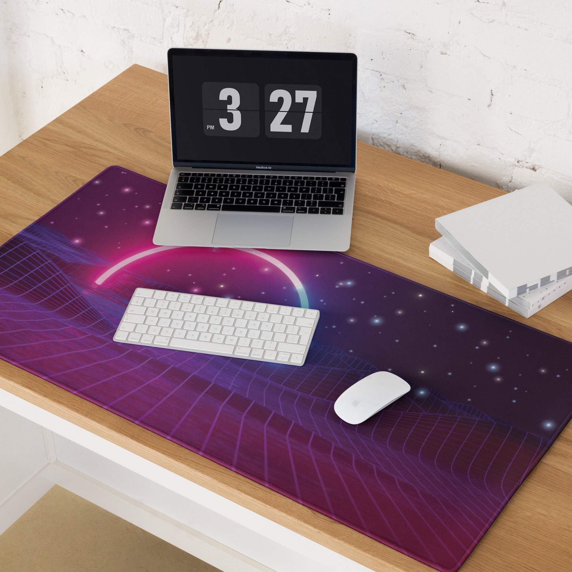 Vibrant purple and pink galaxy-themed neon cyberpunk pulse mouse pad with glowing neon arc for gaming and office use