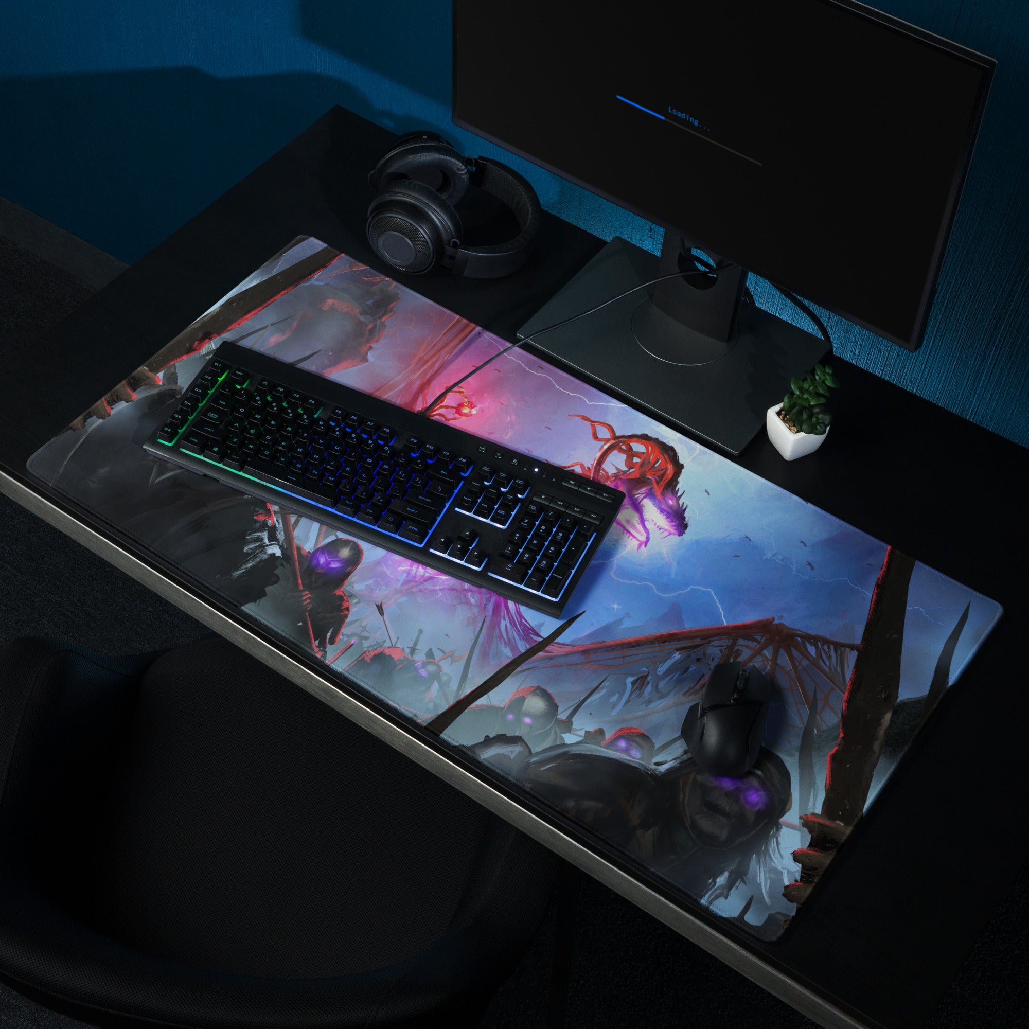 Gaming Mouse Pad Purple Blue Neon For Gaming Desk Setup Epic Fantasy Battle Artwork