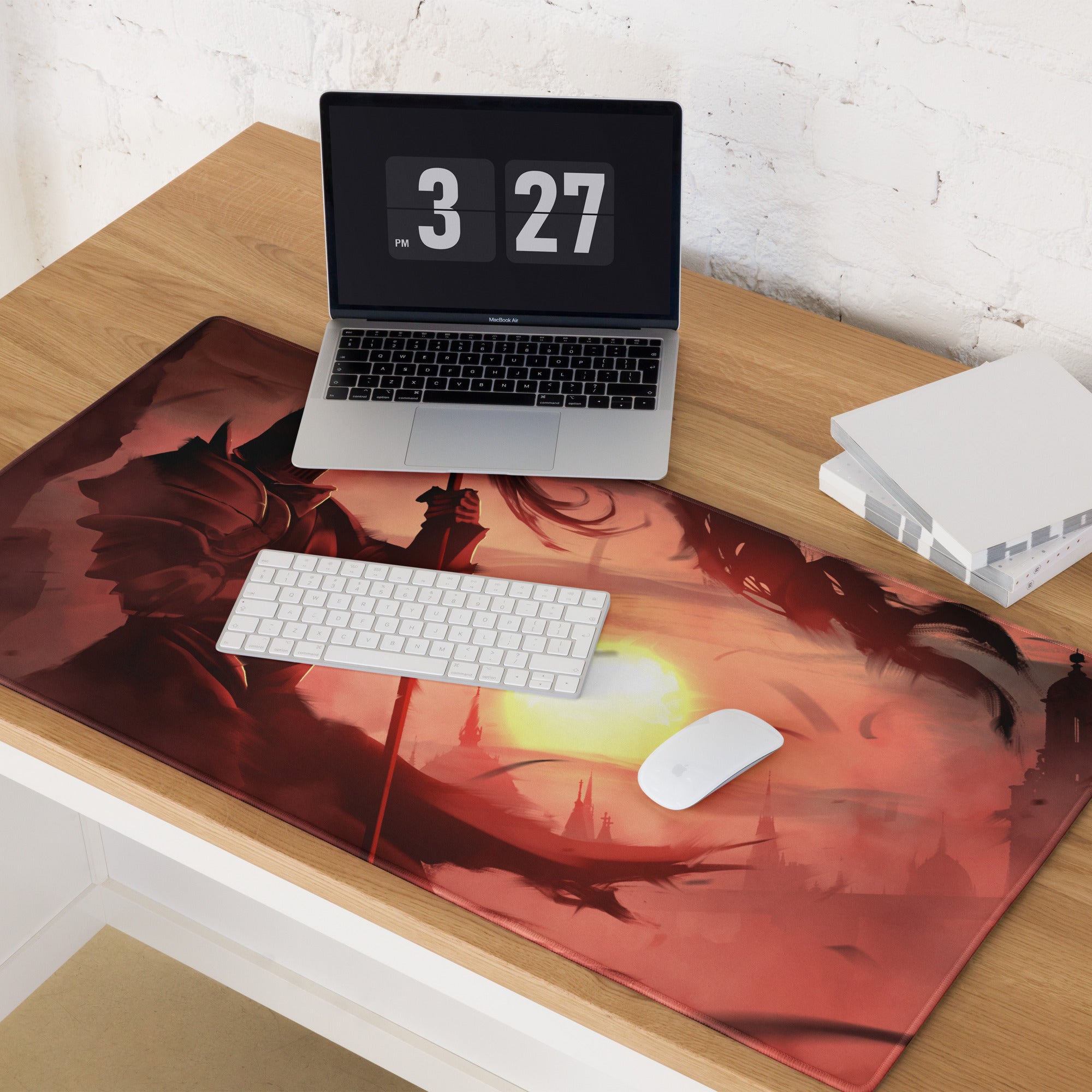 Large Gaming Mouse Pad Red Orange Sunset Battle Scene For Desk Setup Edge Stitching Non Slip Base Digital Art