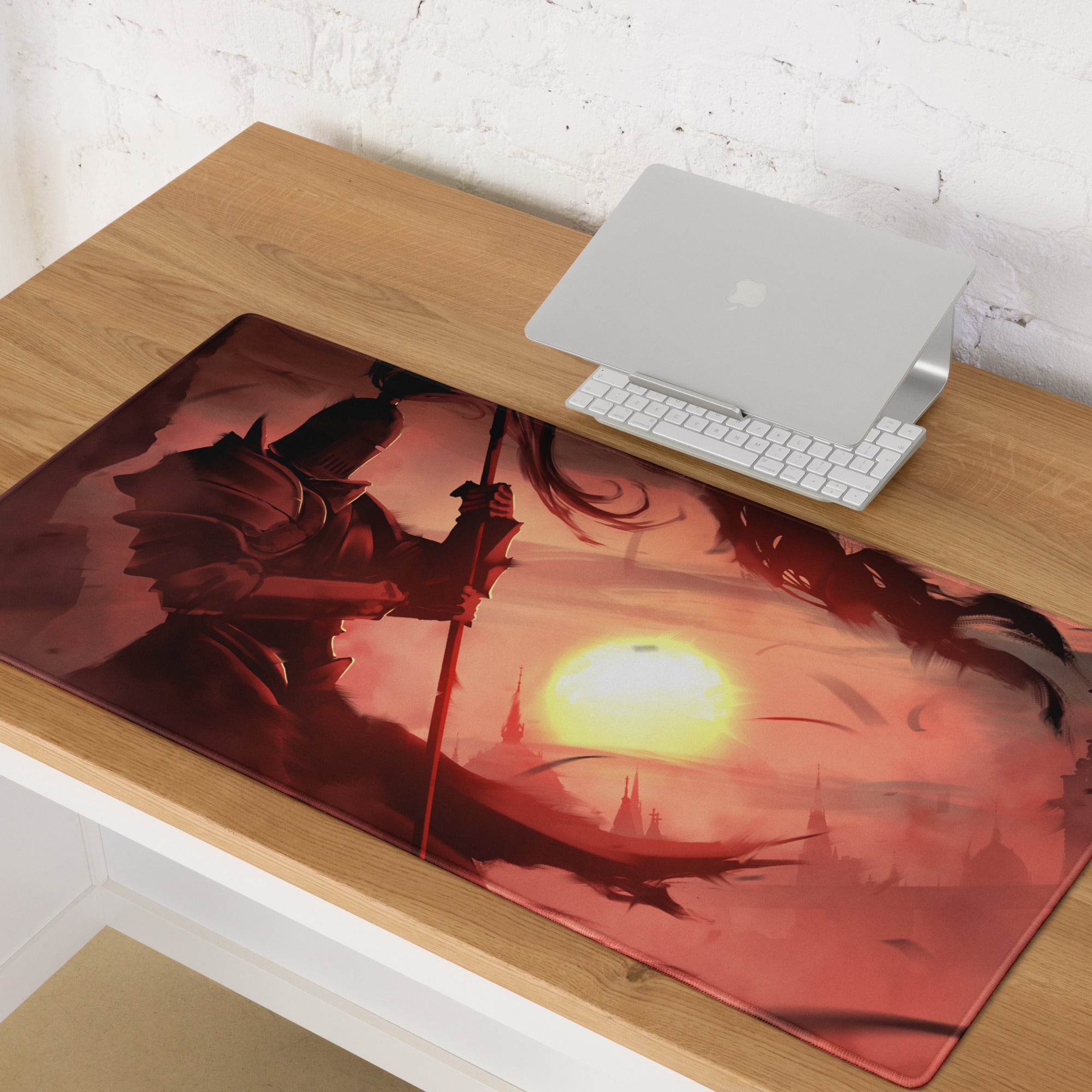 Large Gaming Mouse Pad Red Orange Sunset Battle Scene For Desk Setup Edge Stitching Non Slip Base Digital Art