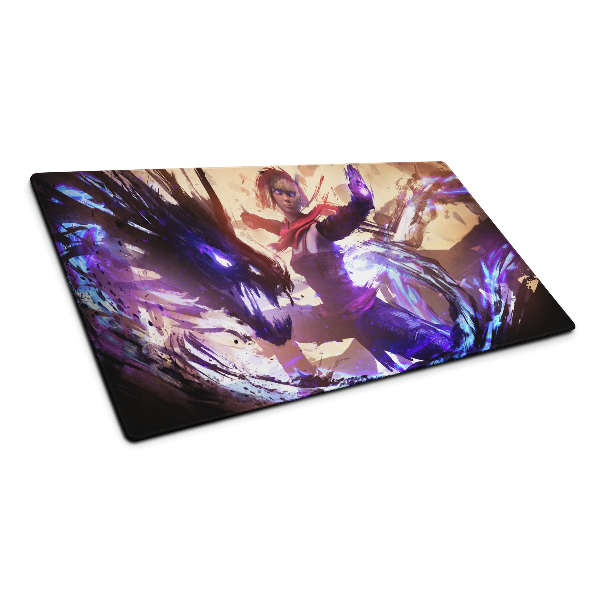 Gaming Mouse Pad Large Size Purple And Blue Abstract Battle Art For PC Desk Non Slip Backing Edge Stitching