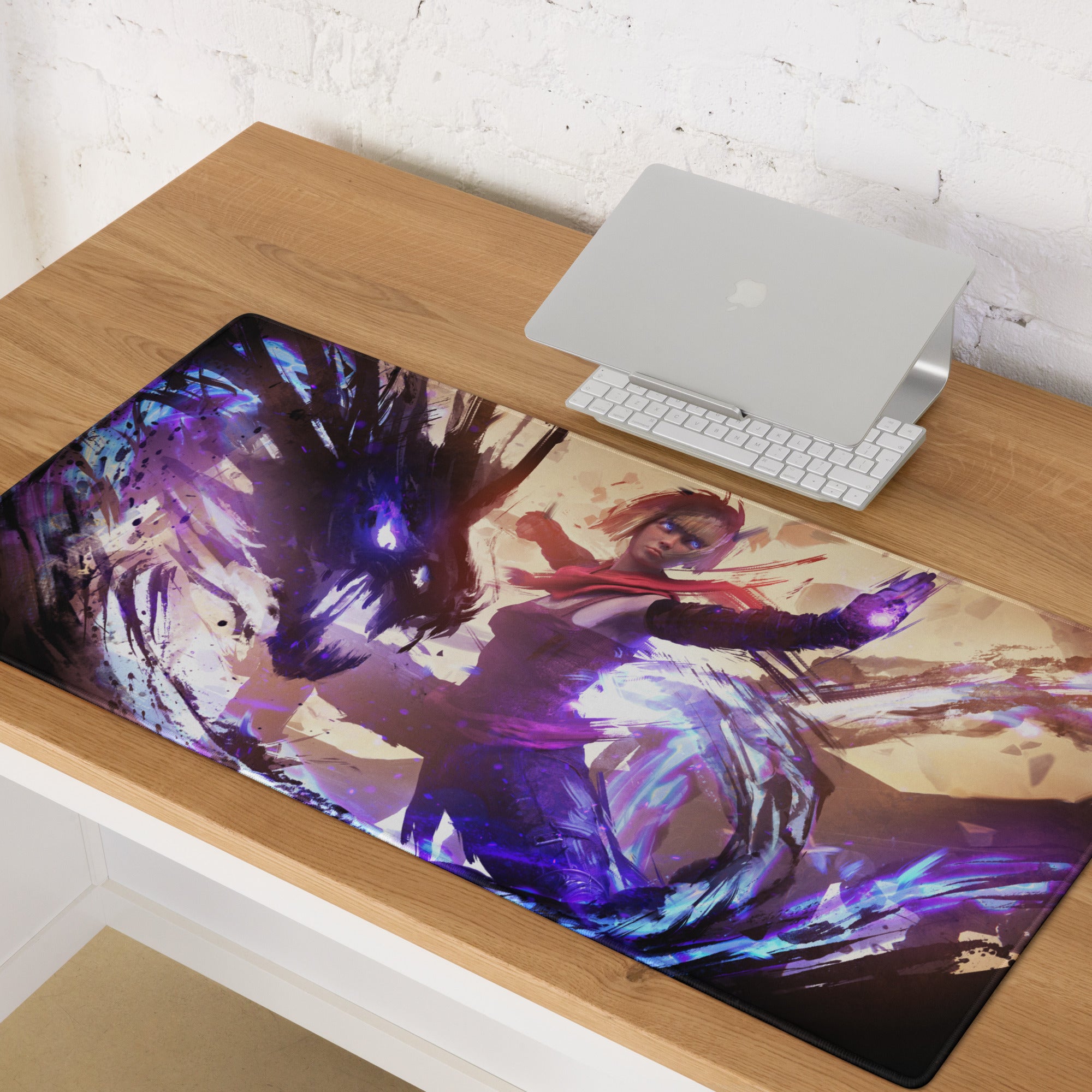 Gaming Mouse Pad Large Size Purple And Blue Abstract Battle Art For PC Desk Non Slip Backing Edge Stitching