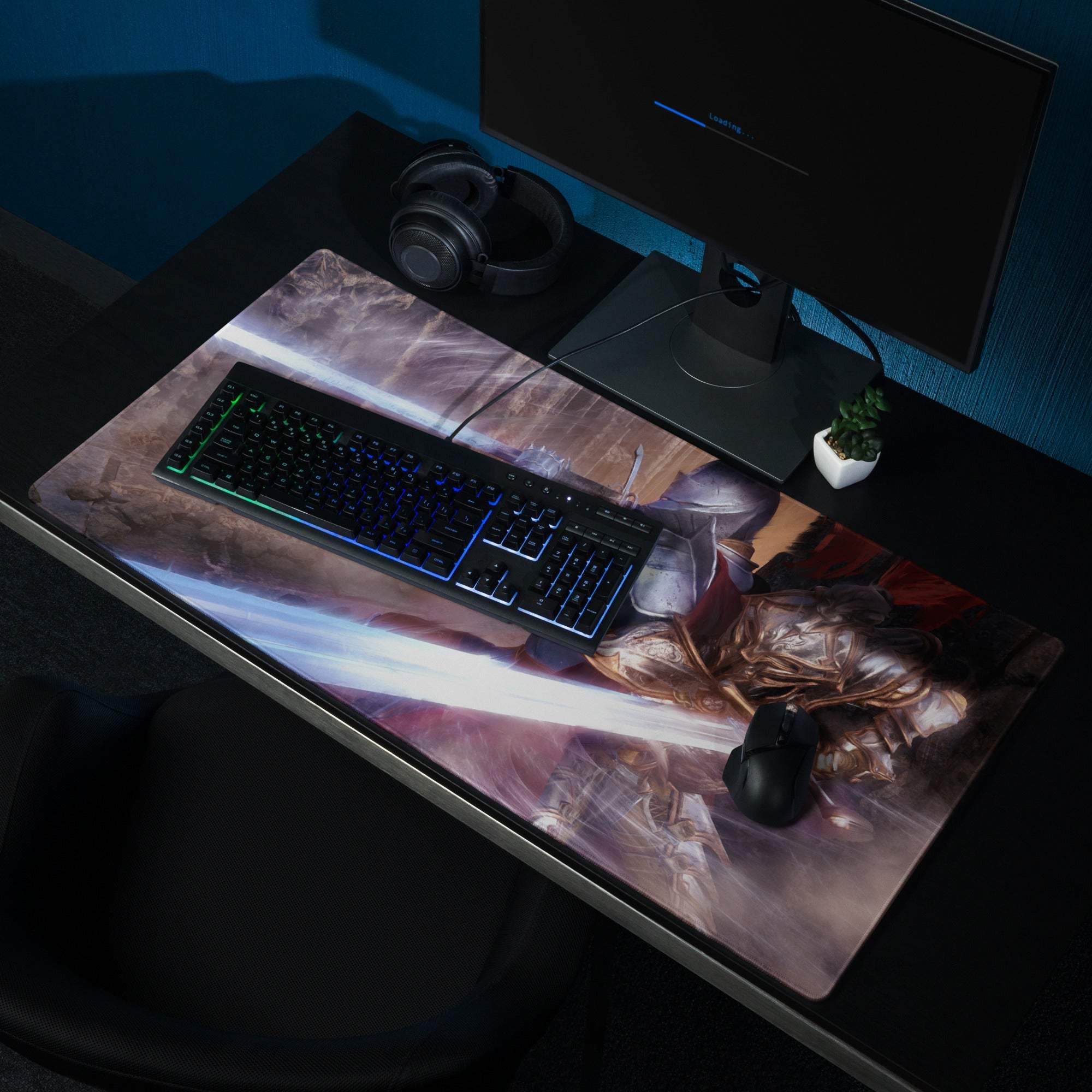 Knight battle painterly gaming mousepad with detailed golden warrior illustration blue purple vibrant textured surface