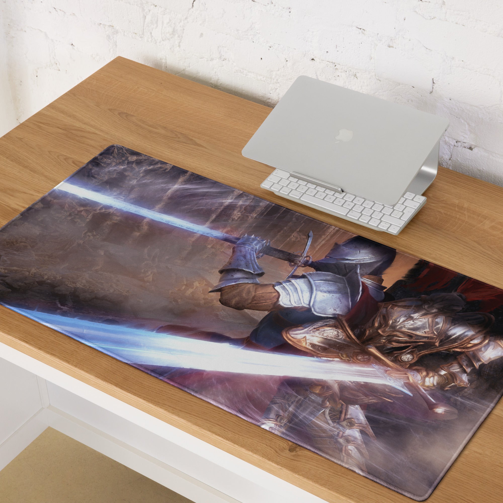 Knight Battle Fantasy Gaming Mouse Pad Blue Purple Tones for Gaming Desk Epic Painterly Artwork