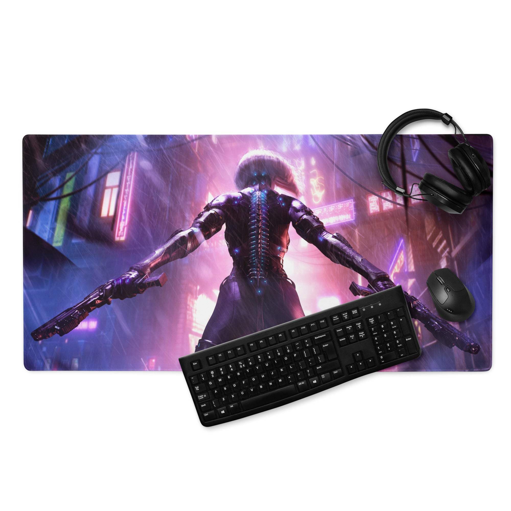 Narrow black keyboard and mouse on neon cyberpunk city pink purple blue gaming mouse pad with glowing blue spine design