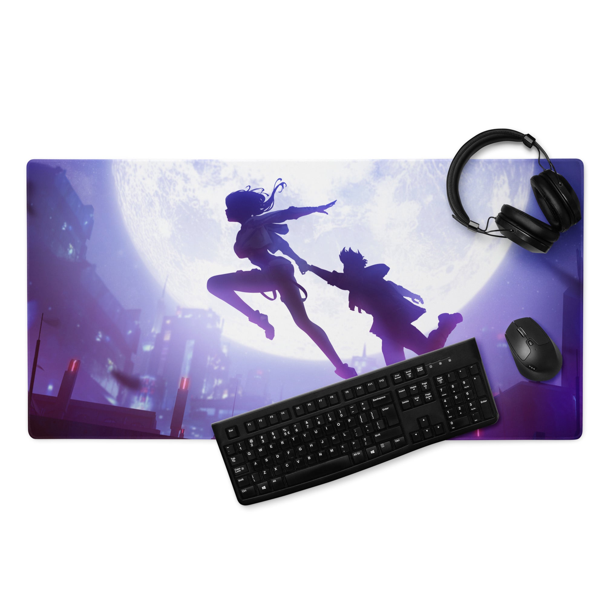 Purple Blue Gaming Mouse Pad Large Size For Desk Setup Non Slip Base Anime Silhouette Art