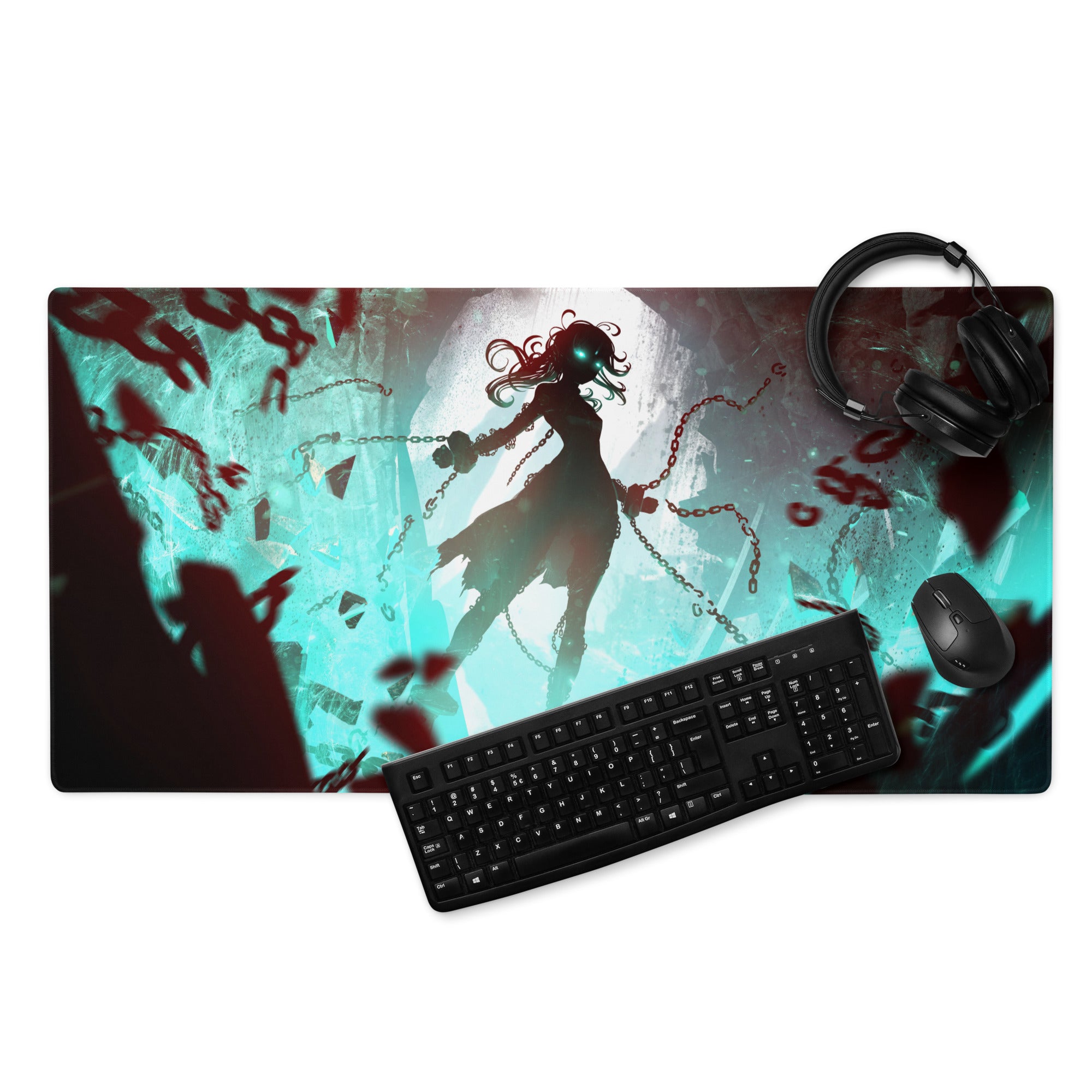 Gaming Mouse Pad Teal And Crimson Neon Cyberpunk Fantasy For Gaming Desk Setup Large Size Non Slip Edge Stitching