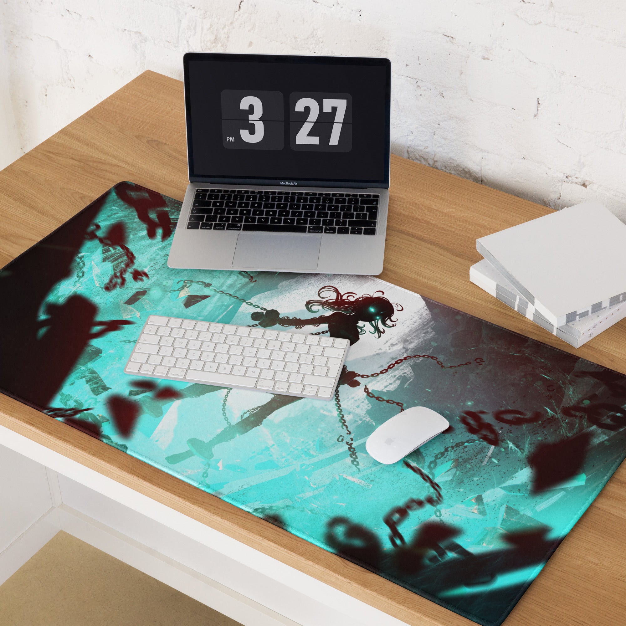 Gaming Mouse Pad Teal And Crimson Neon Cyberpunk Fantasy For Gaming Desk Setup Large Size Non Slip Edge Stitching