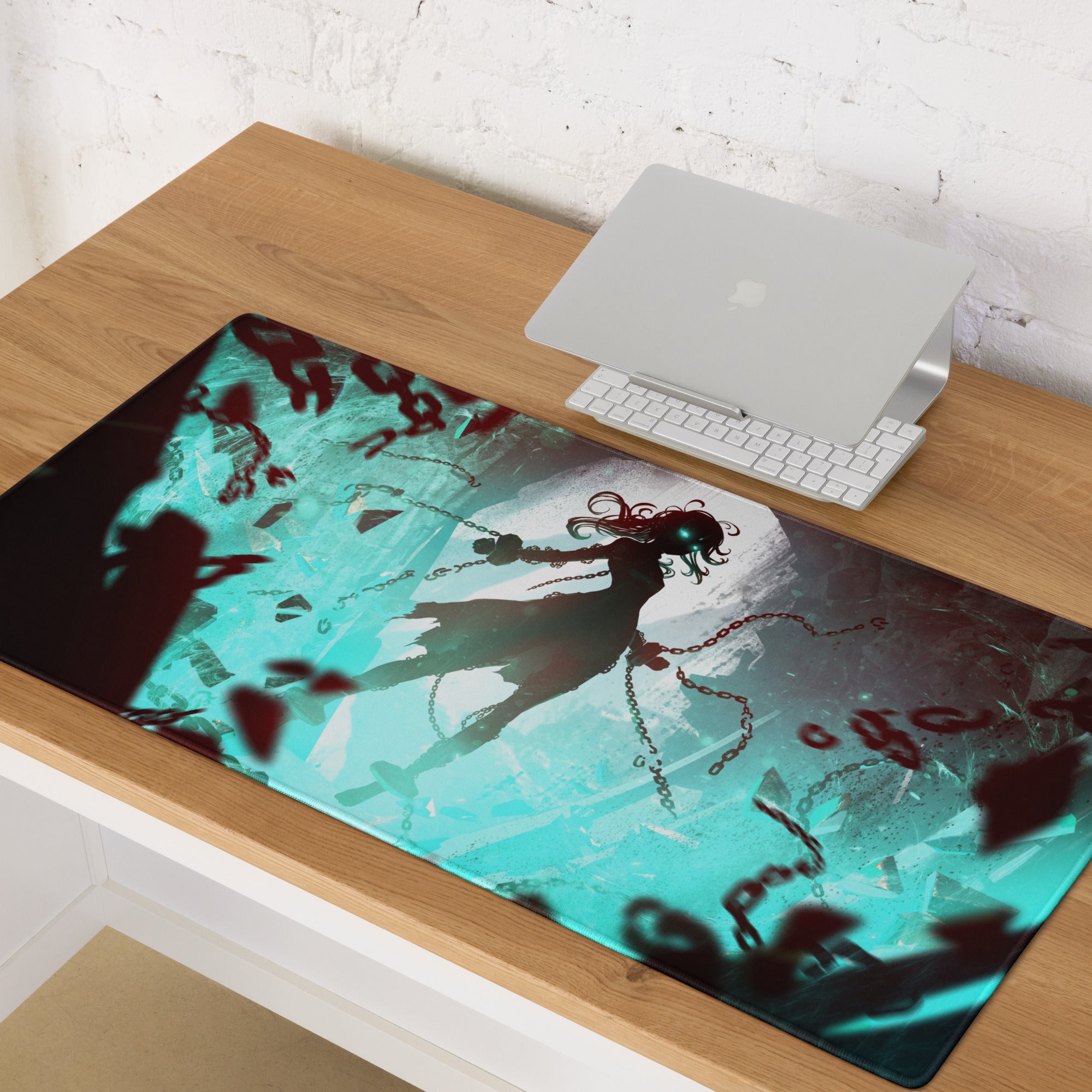 Gaming Mouse Pad Teal And Crimson Neon Cyberpunk Fantasy For Gaming Desk Setup Large Size Non Slip Edge Stitching