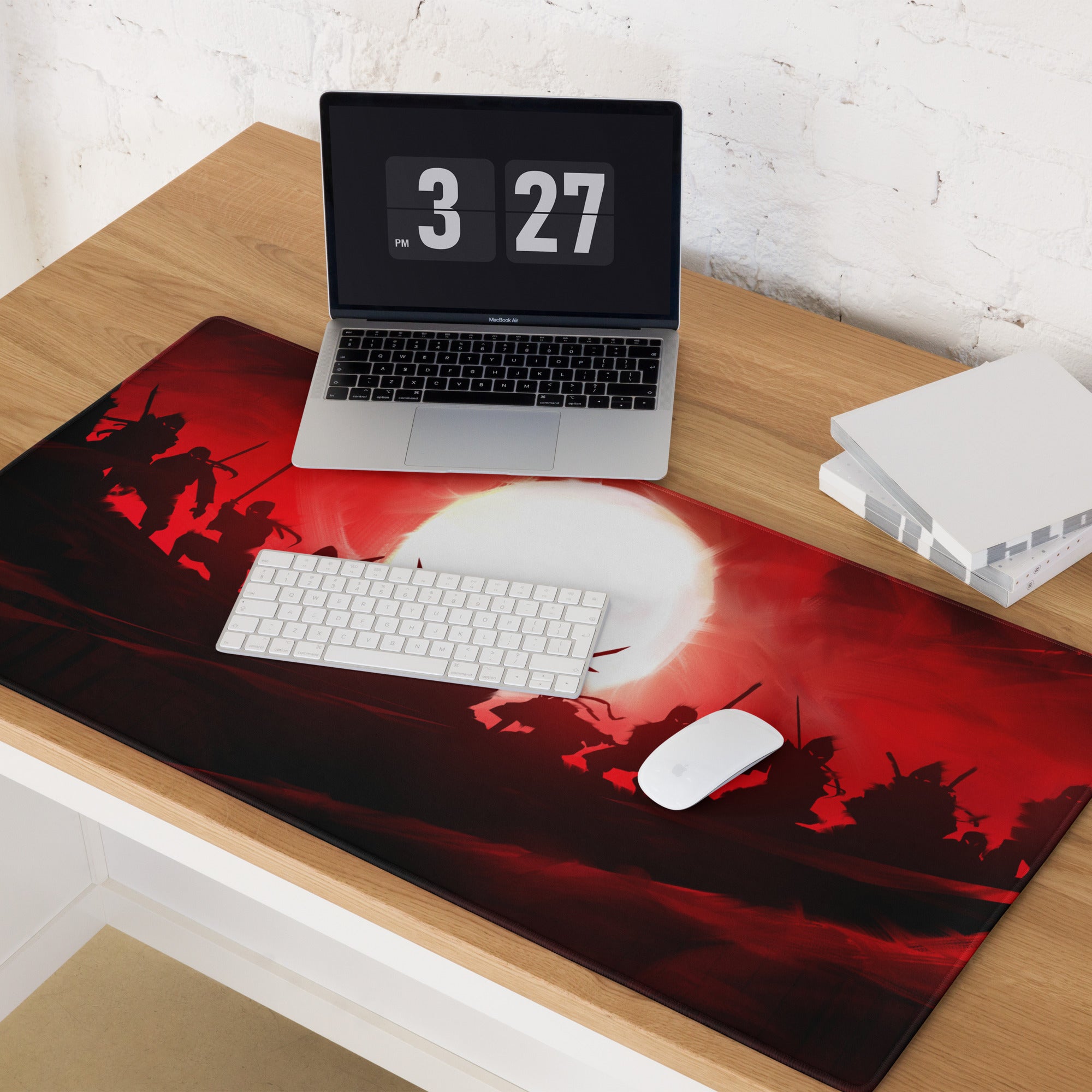 Gaming Mouse Pad Red Black Non Slip Desk Setup War Battle Scene Art Style Esports Edge Stitching